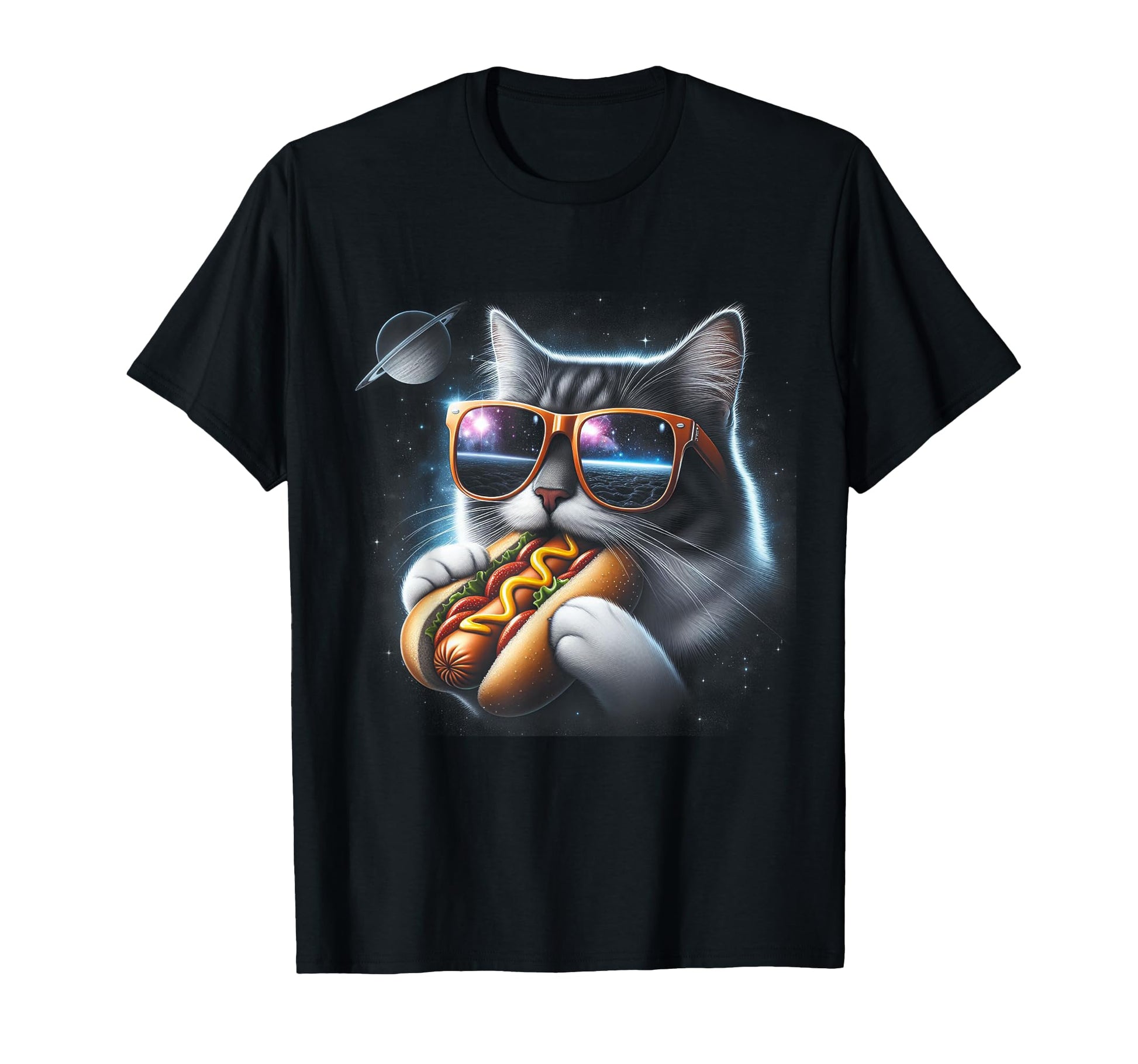 Funny Cat Eating Hotdog Space Kitty Space T-Shirt - Unique Graphic Unisex - T-Shirt, Sweatshirt, Hoodie