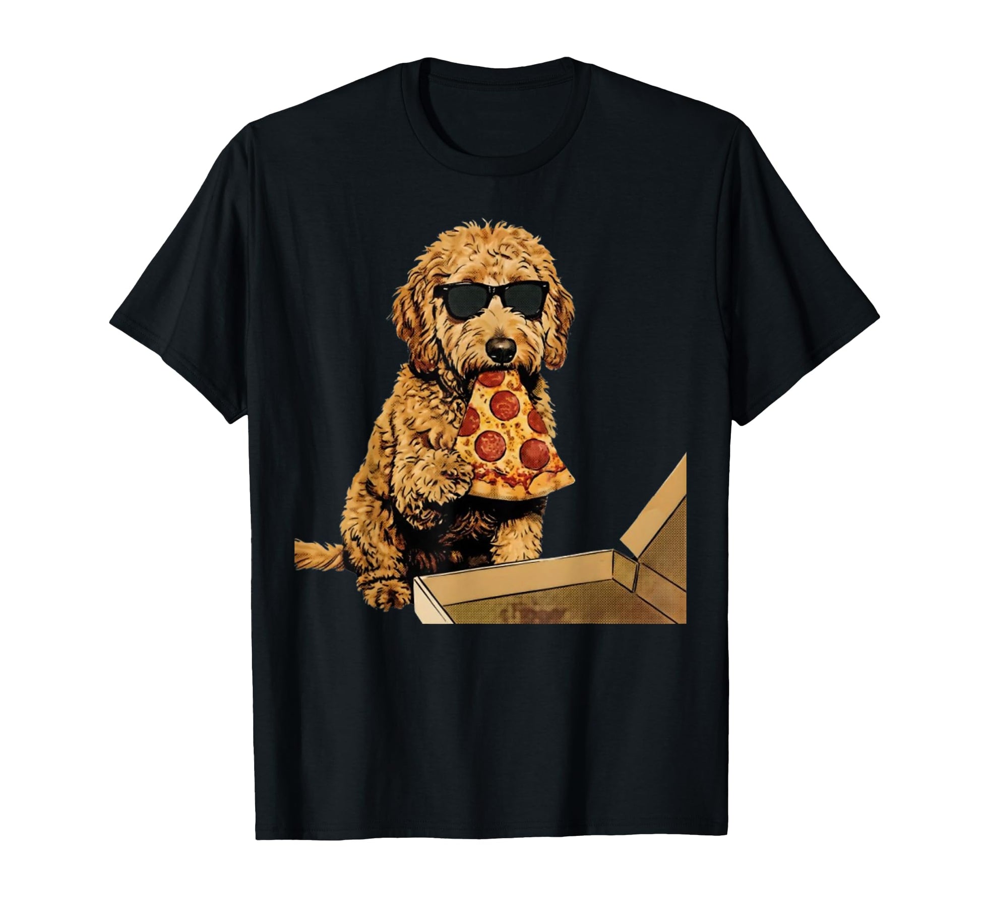 Funny Dog Eating Pizza Goldendoodle Meme T-Shirt - Unique Graphic Men Women - T-Shirt, Sweatshirt, Hoodie