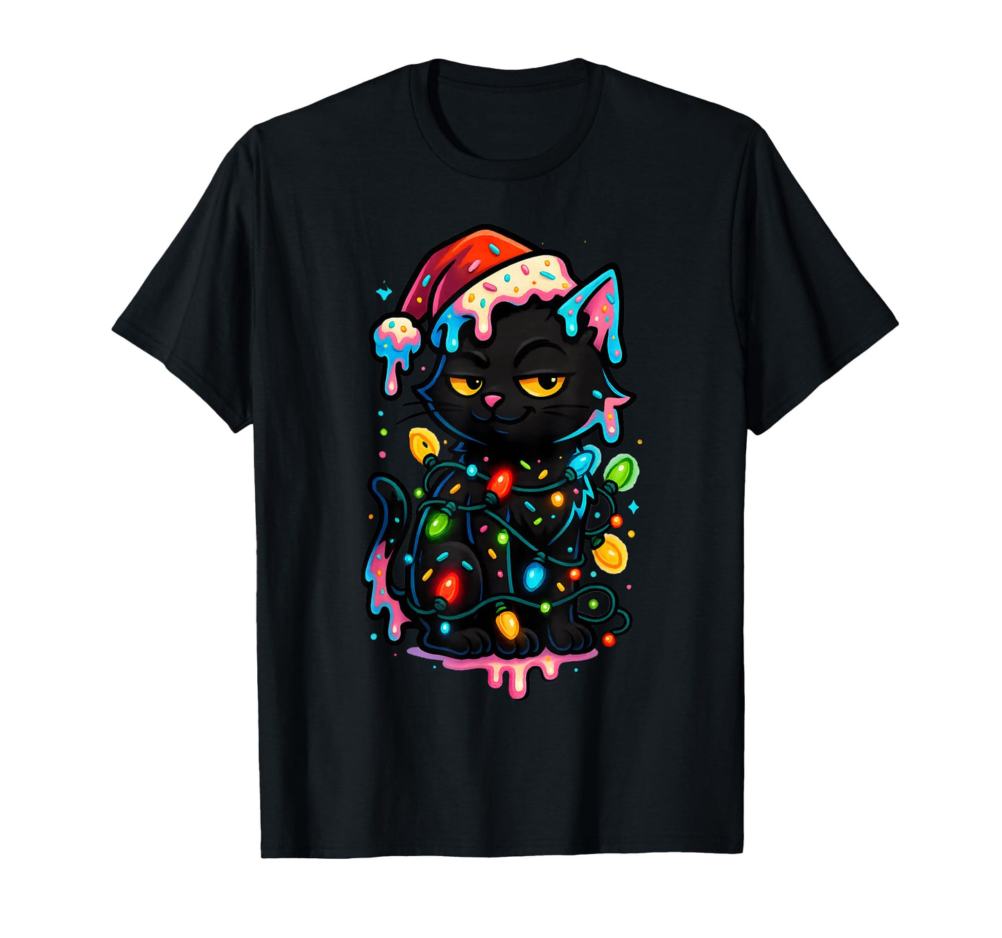 Black Cat Ice Cream Drip Santa Hat T-Shirt - Streetwear Style Men Women - T-Shirt, Sweatshirt, Hoodie