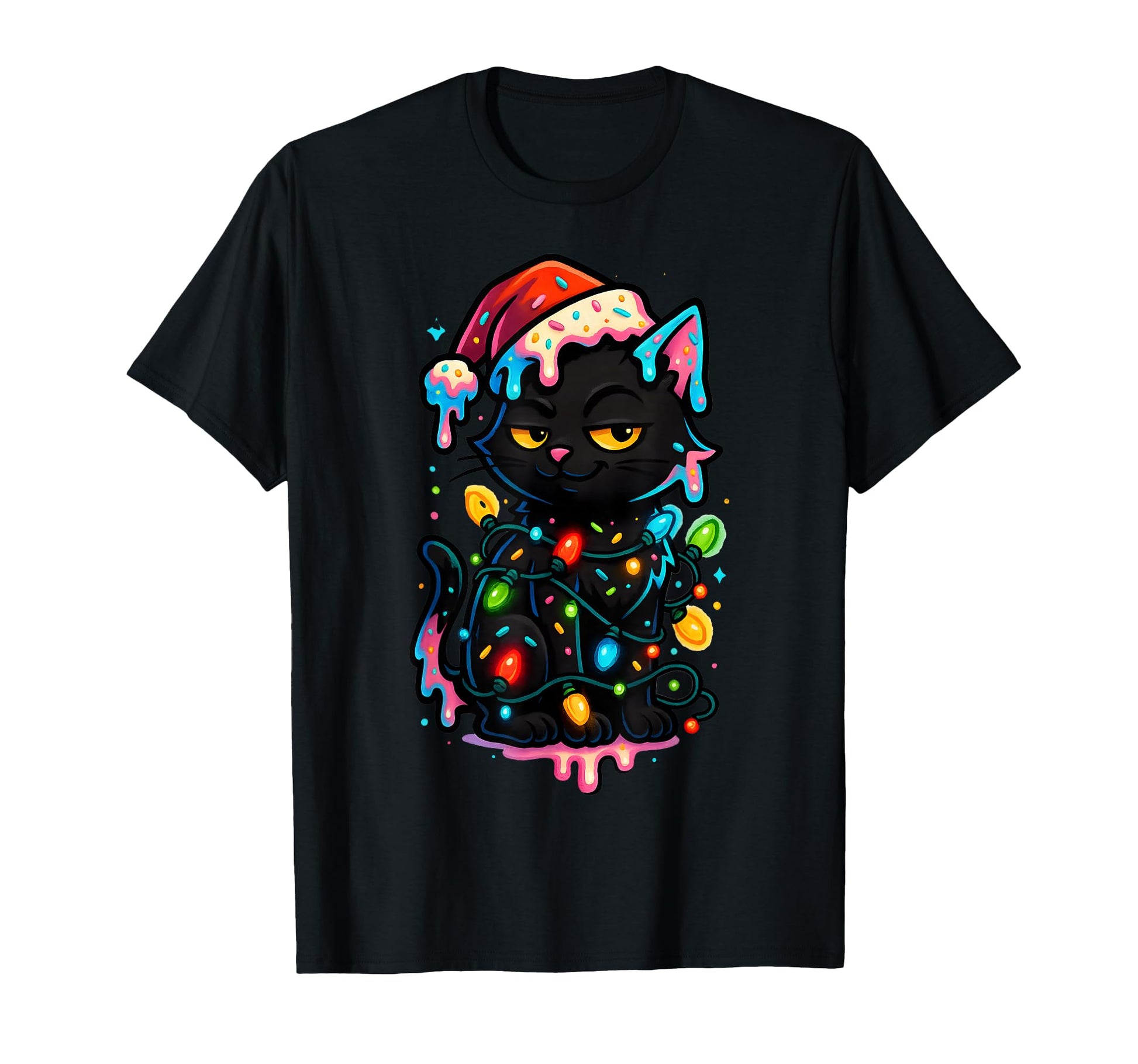 Black Cat Ice Cream Drip Santa Hat T-Shirt - Streetwear Style Men Women - T-Shirt, Sweatshirt, Hoodie