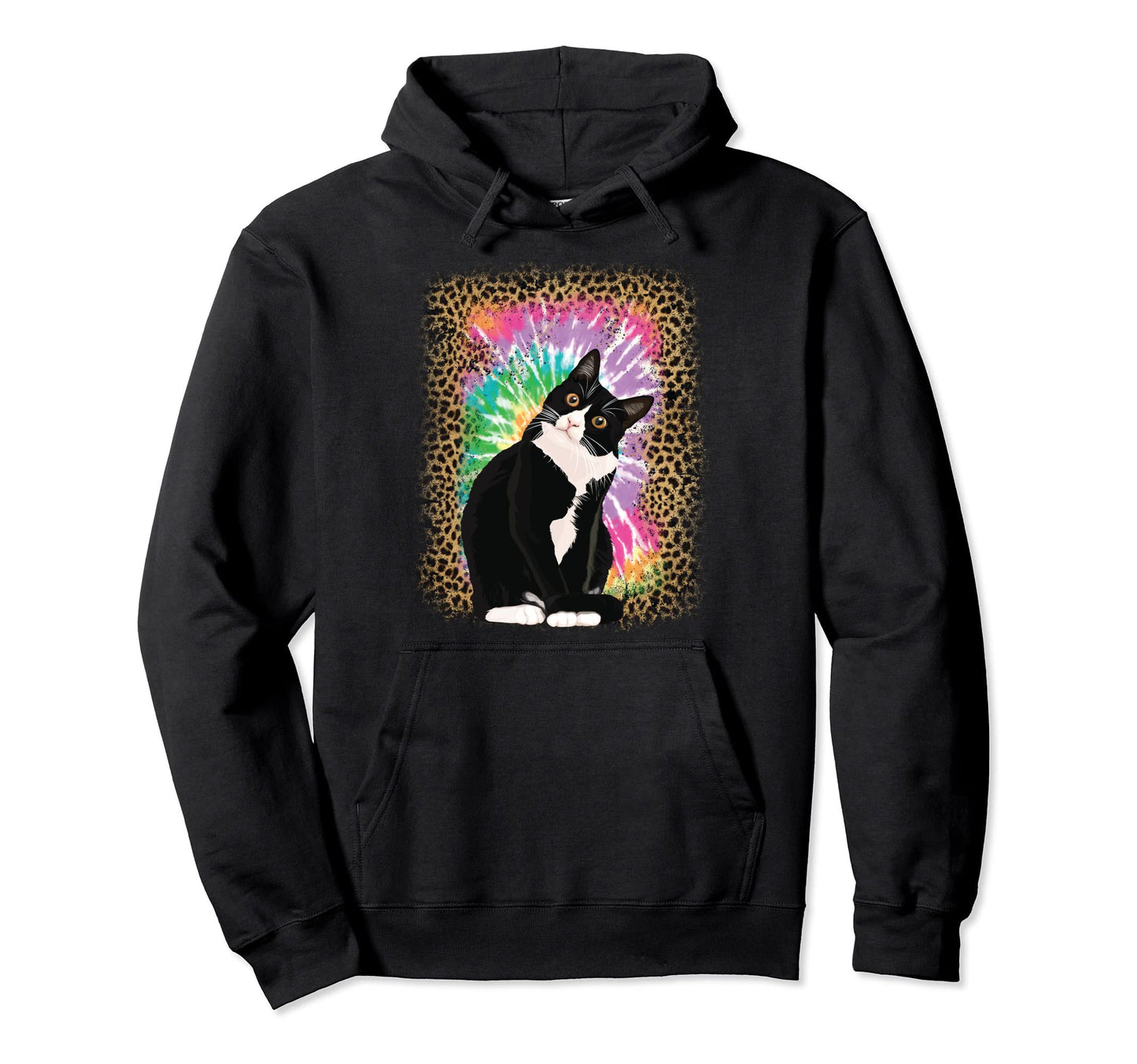 Tuxedo Cat Tie Dye Leopard Background Hoodie - Trendy Graphic for Adults - T-Shirt, Sweatshirt, Hoodie
