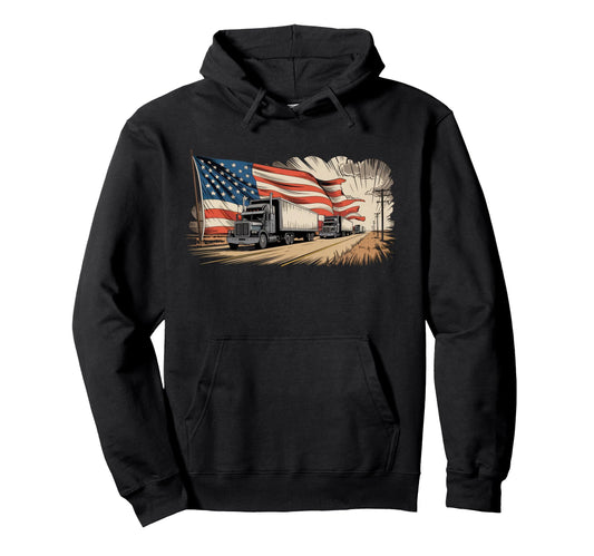 American Flag Trucker Dad Big Rig Hoodie - Fun Novelty Design Men Women - T-Shirt, Sweatshirt, Hoodie