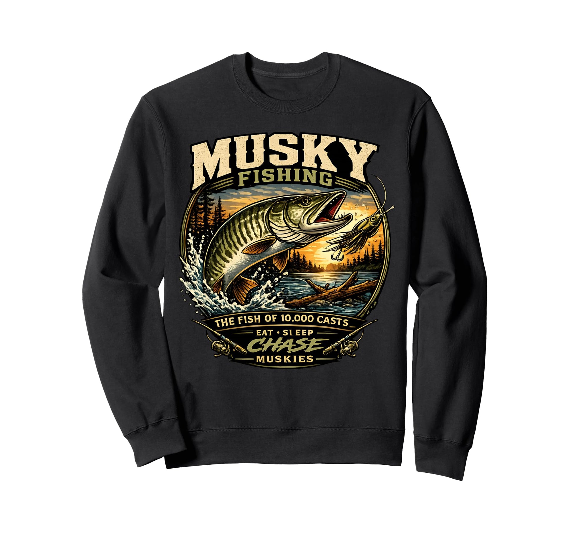 Musky Fishing Fish 10000 Casts Eat Sweatshirt - Trendy Graphic Men Women - T-Shirt, Sweatshirt, Hoodie