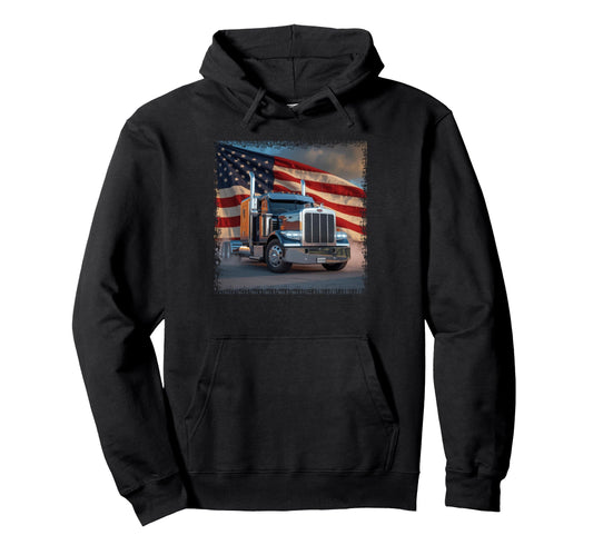 American Flag Trucker Dad Big Rig Hoodie - Casual Everyday Wear Men Women - T-Shirt, Sweatshirt, Hoodie