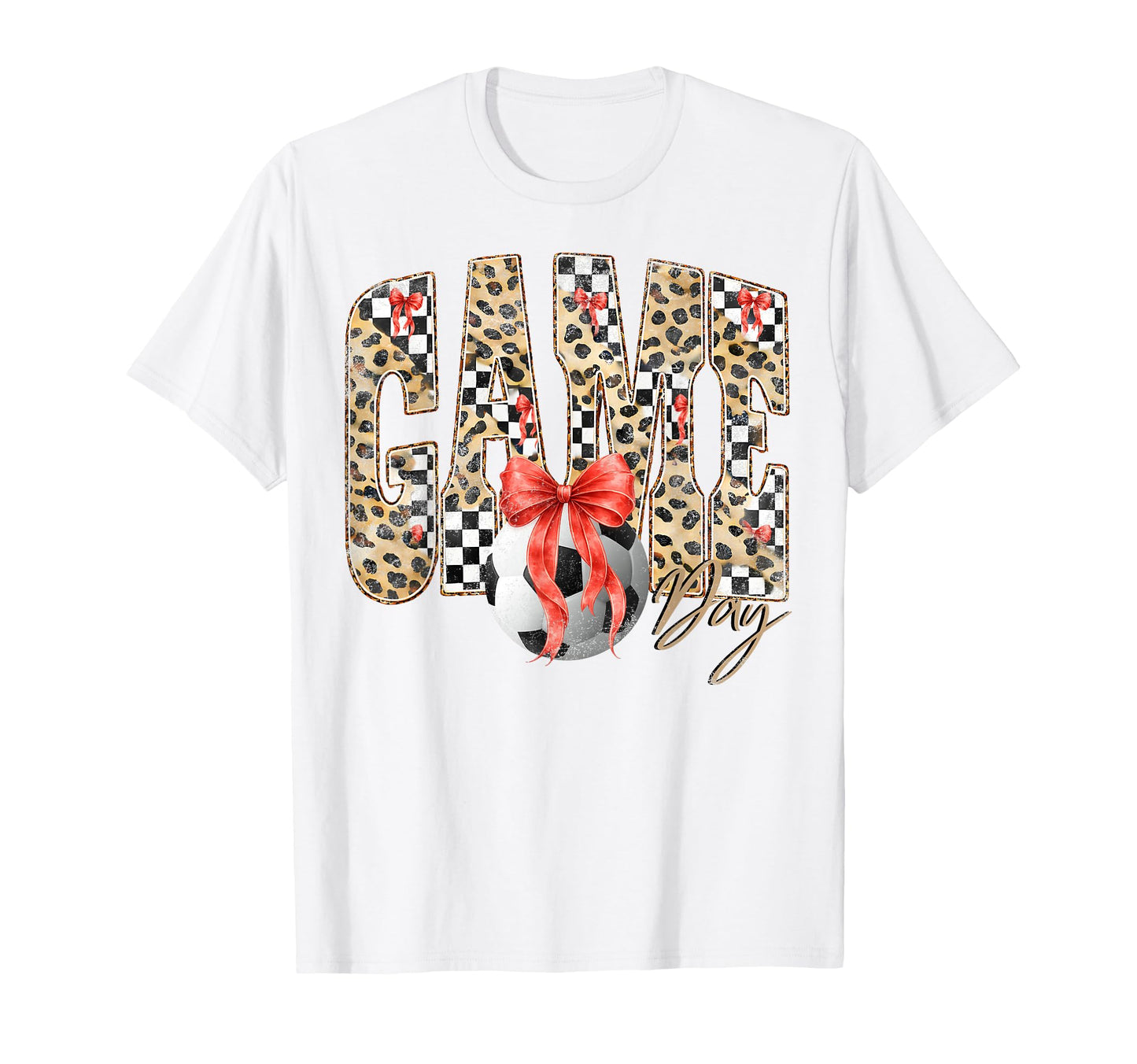 Leopard Checkered Game Day Soccer Coquette T-Shirt - Unique Graphic Unisex - T-Shirt, Sweatshirt, Hoodie