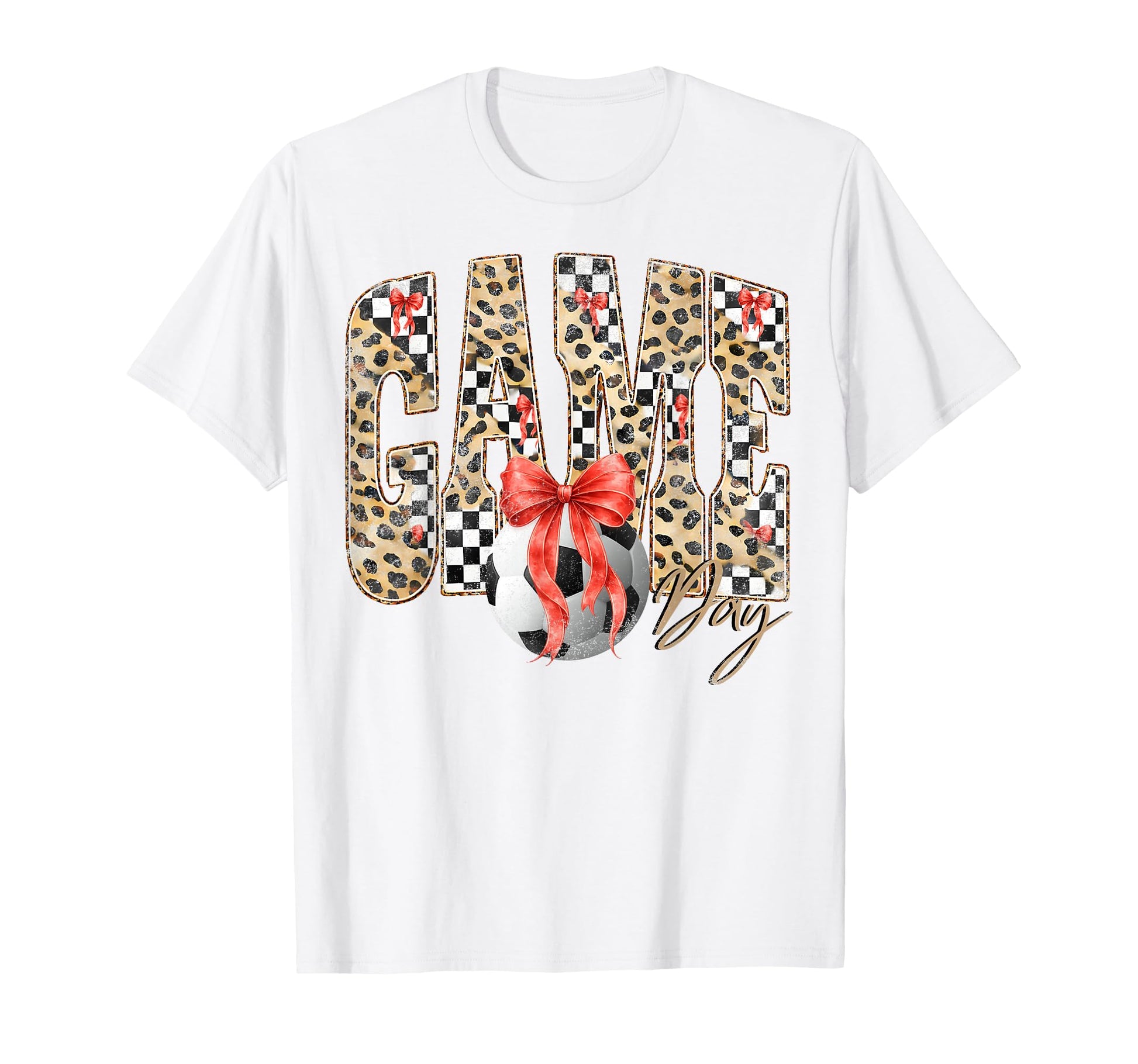 Leopard Checkered Game Day Soccer Coquette T-Shirt - Unique Graphic Unisex - T-Shirt, Sweatshirt, Hoodie