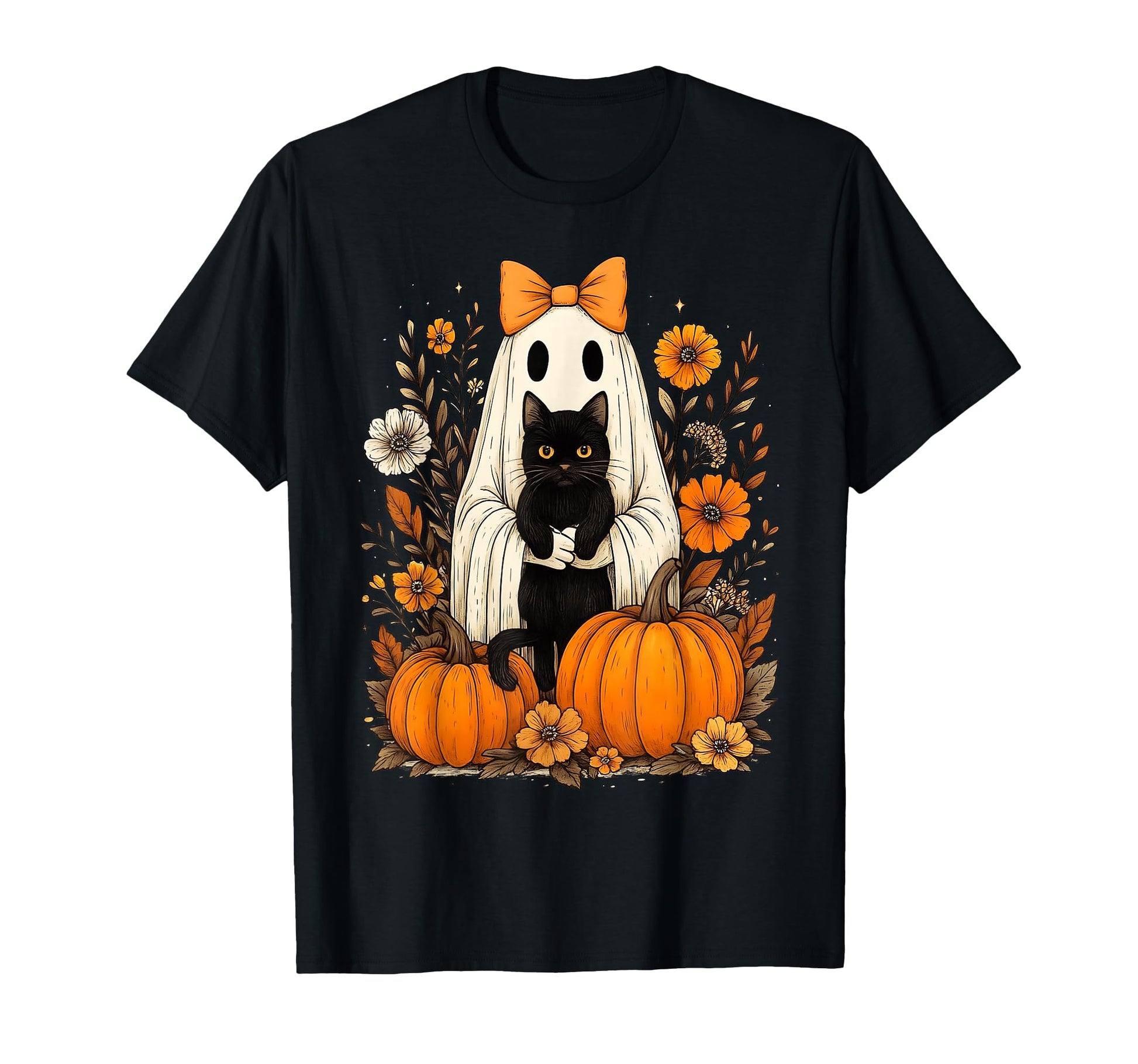 Halloween Ghost Holding Black Cat T-Shirt - Casual Everyday Wear Men Women - T-Shirt, Sweatshirt, Hoodie