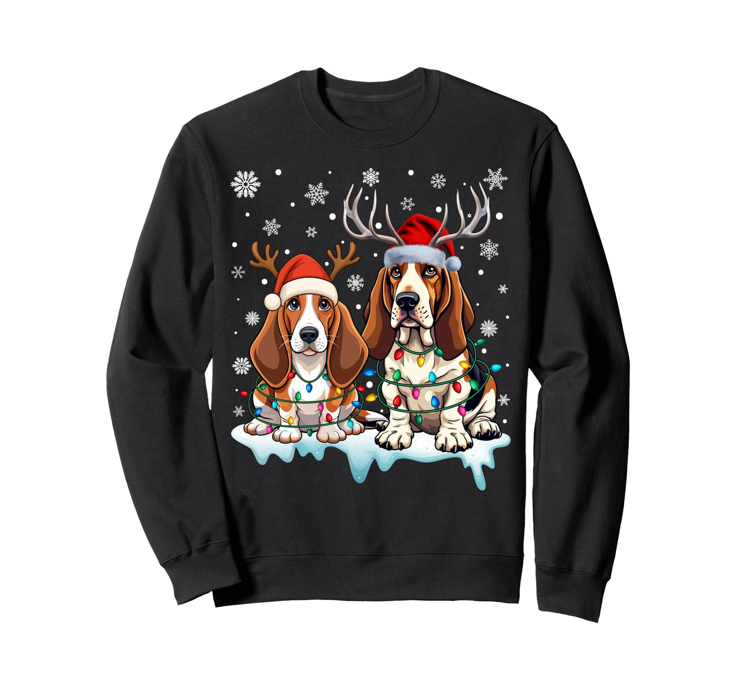 Basset Hound Lights Santa Hat Sweatshirt - Fun Novelty Design Men Women - T-Shirt, Sweatshirt, Hoodie