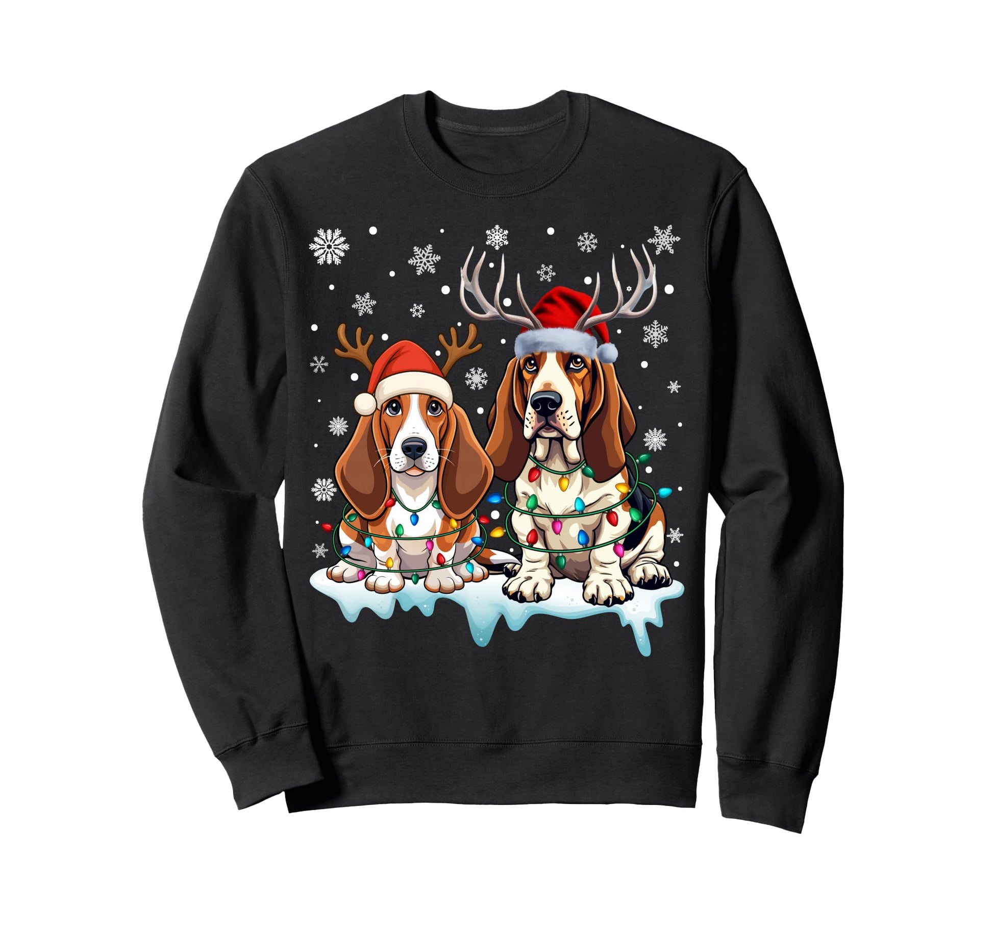 Basset Hound Lights Santa Hat Sweatshirt - Fun Novelty Design Men Women - T-Shirt, Sweatshirt, Hoodie