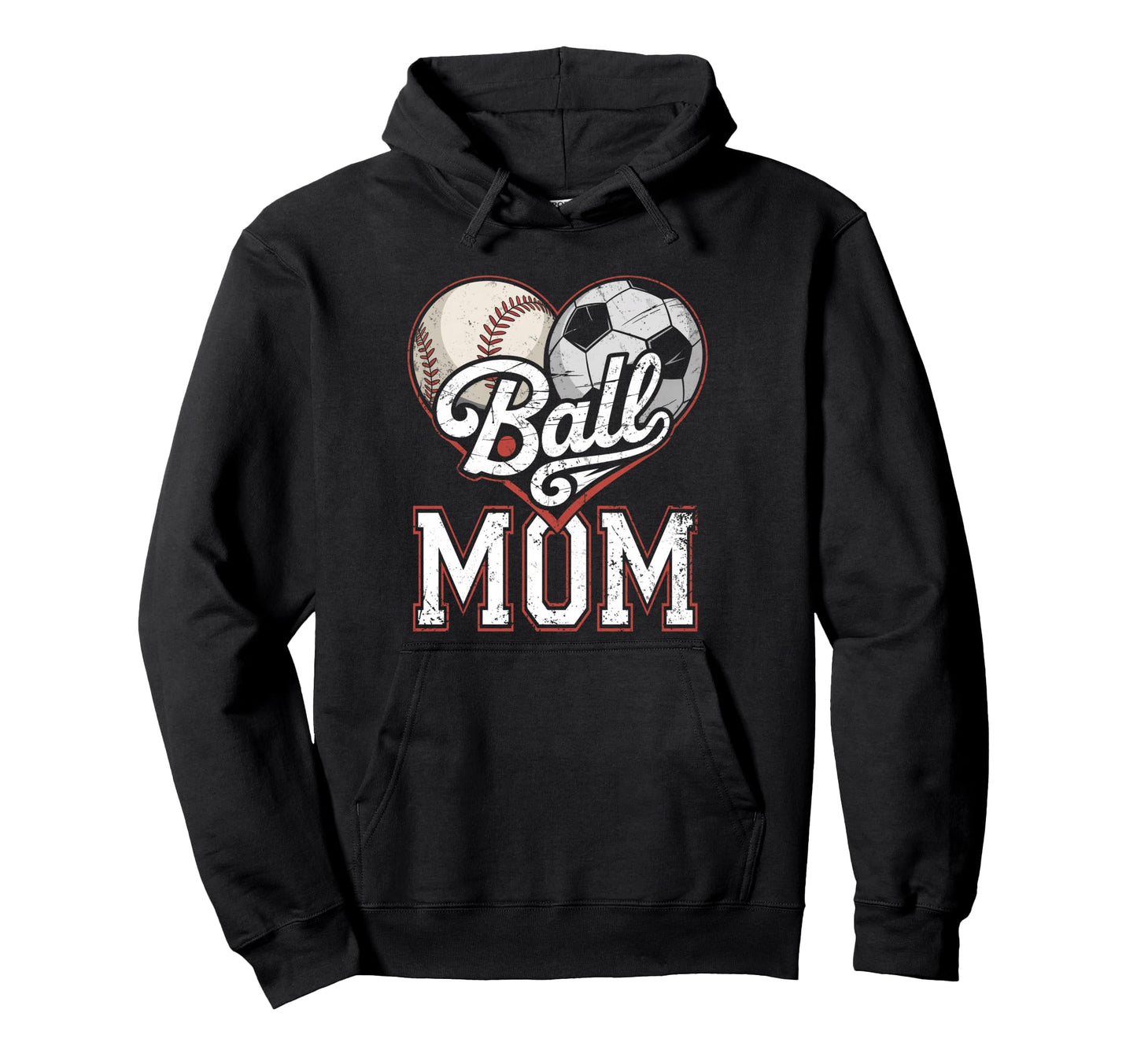 Ball Mom Baseball Soccer Heart Hoodie - Fun Novelty Design for Adults - T-Shirt, Sweatshirt, Hoodie