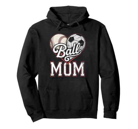 Ball Mom Baseball Soccer Heart Hoodie - Fun Novelty Design for Adults - T-Shirt, Sweatshirt, Hoodie