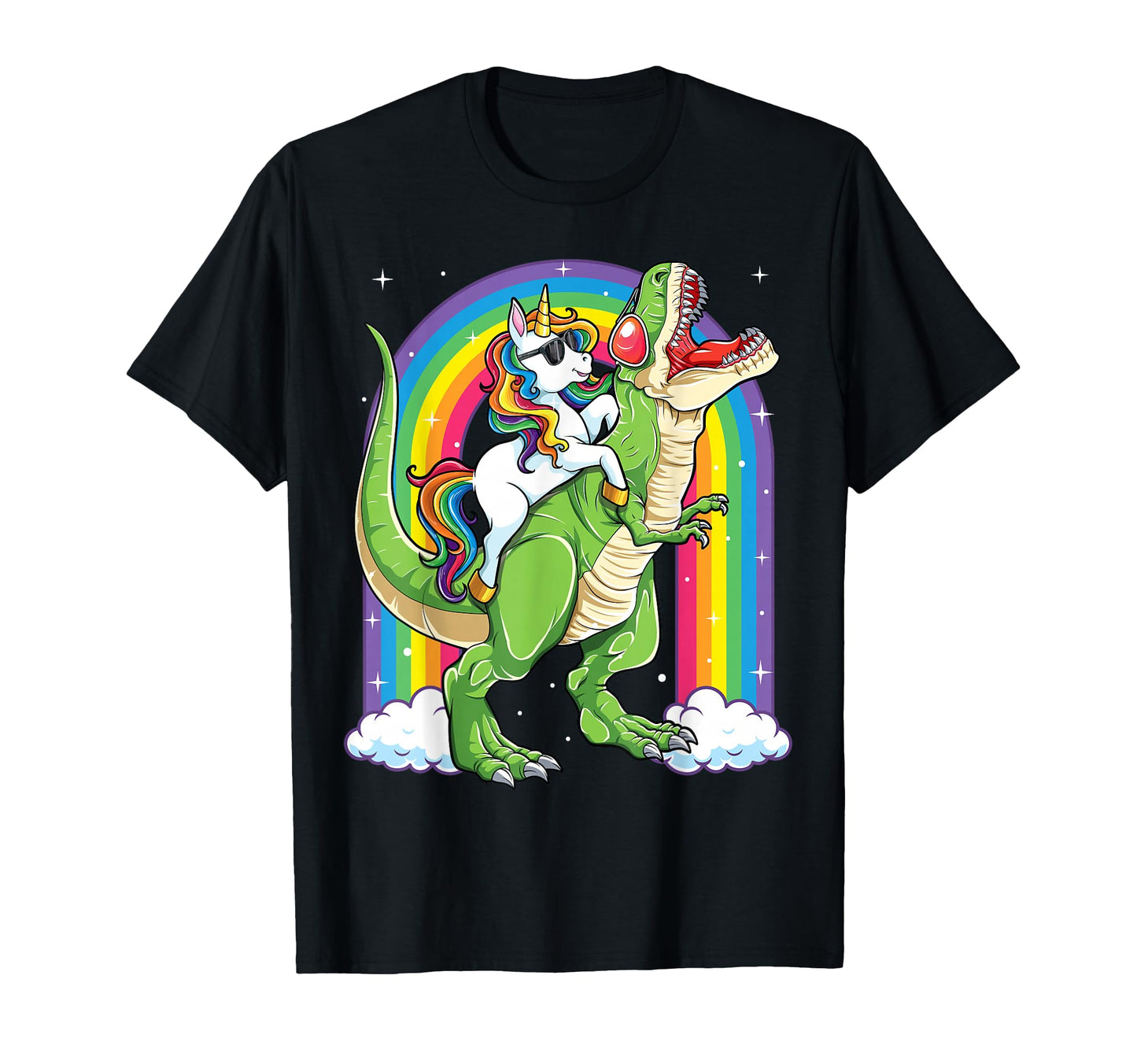 Unicorn Riding Dinosaur T Rex Rainbow T-Shirt - Custom Art Print Men Women - T-Shirt, Sweatshirt, Hoodie