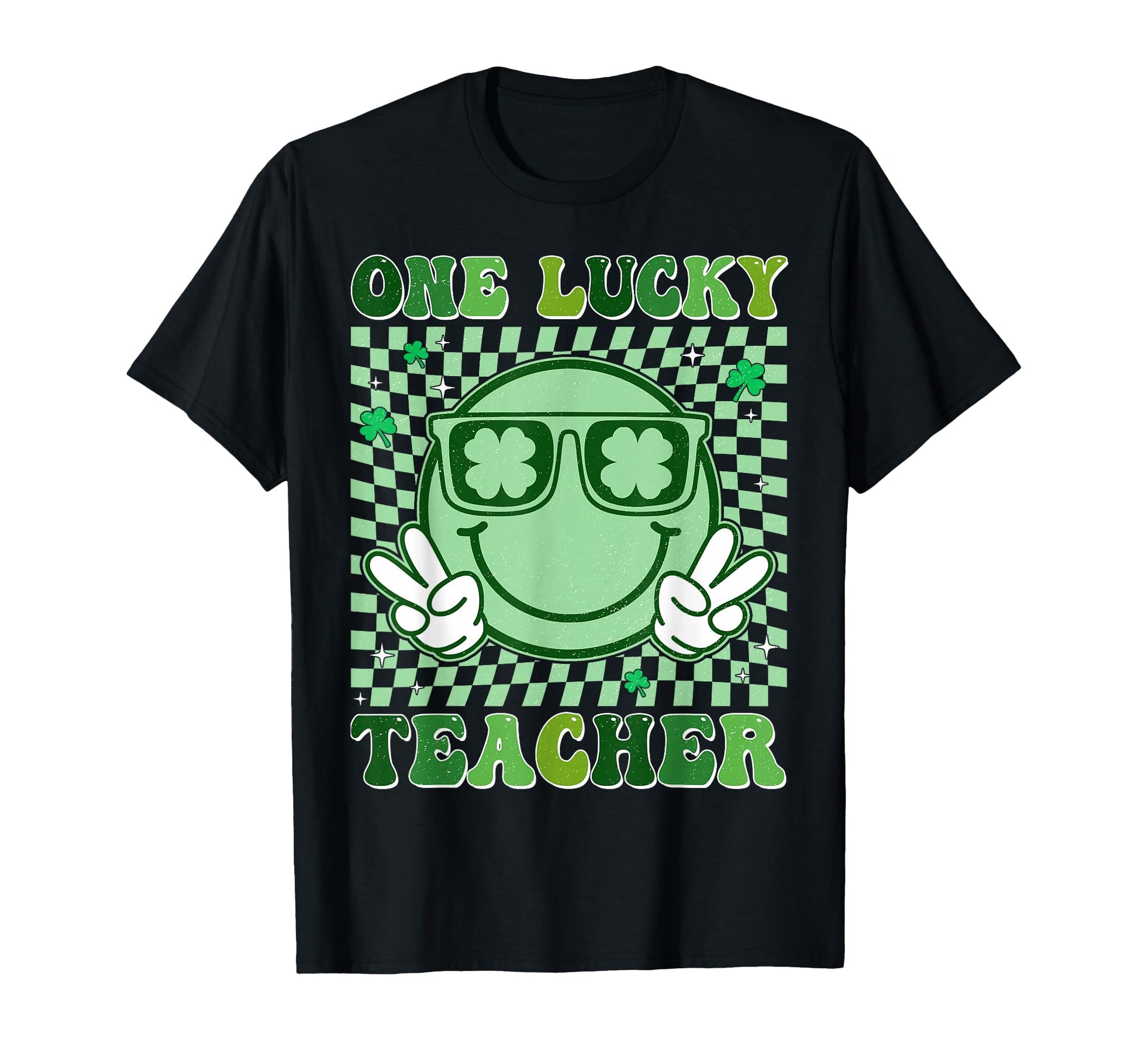 Groovy One Lucky Teacher Shamrock Face T-Shirt - Custom Art Print Unisex - T-Shirt, Sweatshirt, Hoodie
