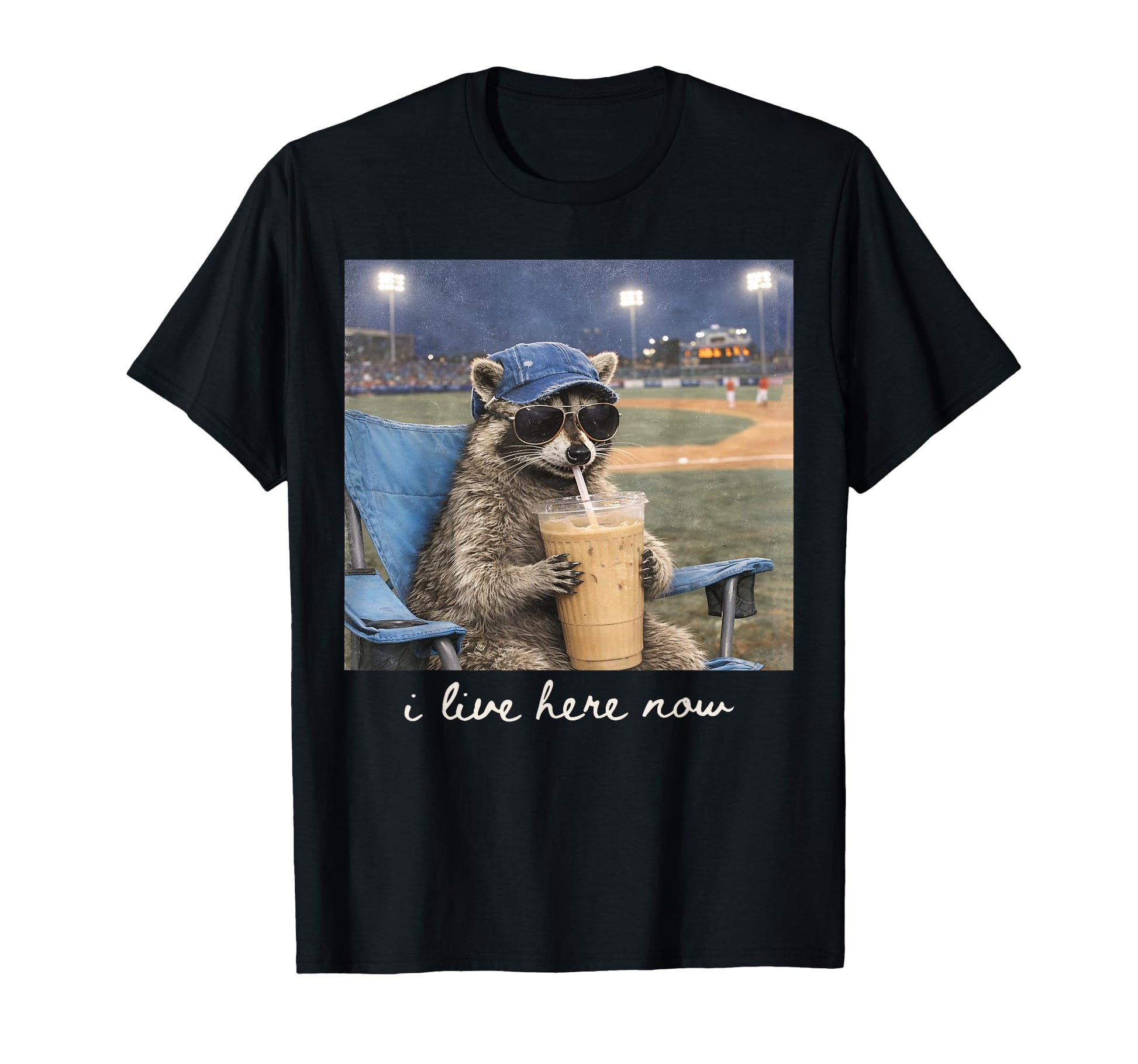 I Live Here Now Funny Baseball Racoon T-Shirt - Trendy Graphic Men Women - T-Shirt, Sweatshirt, Hoodie