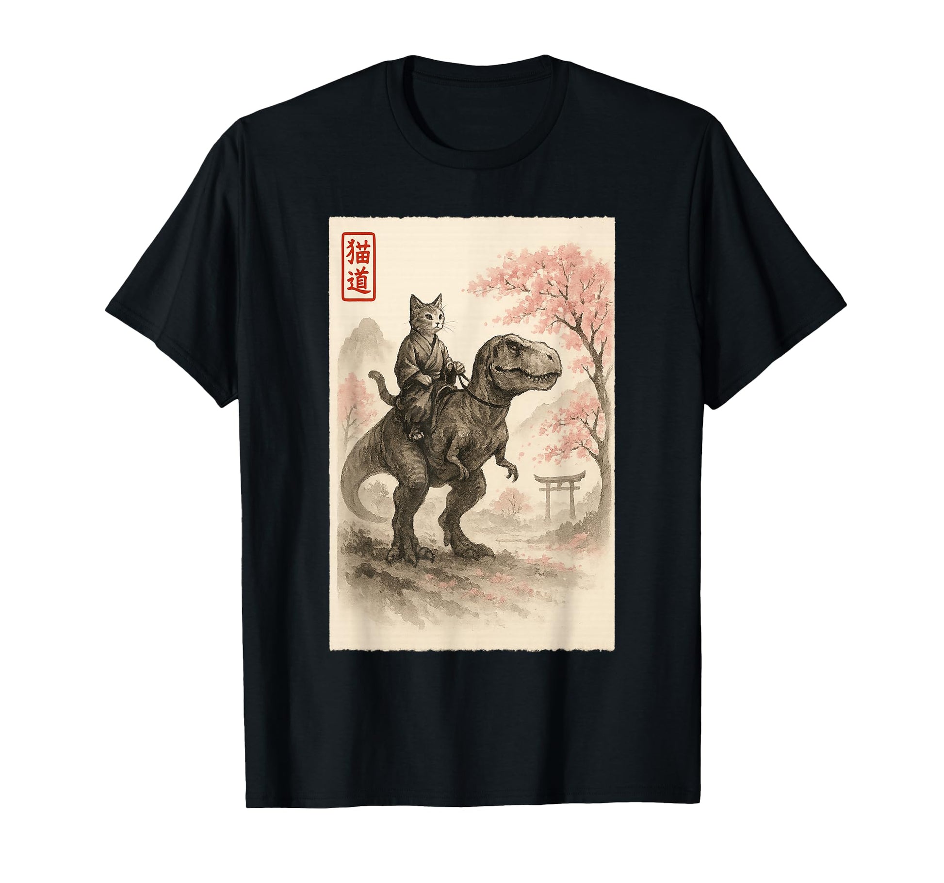 Funny Sumi E Kawaii Cat Riding T-Shirt - Aesthetic Graphic Men Women - T-Shirt, Sweatshirt, Hoodie