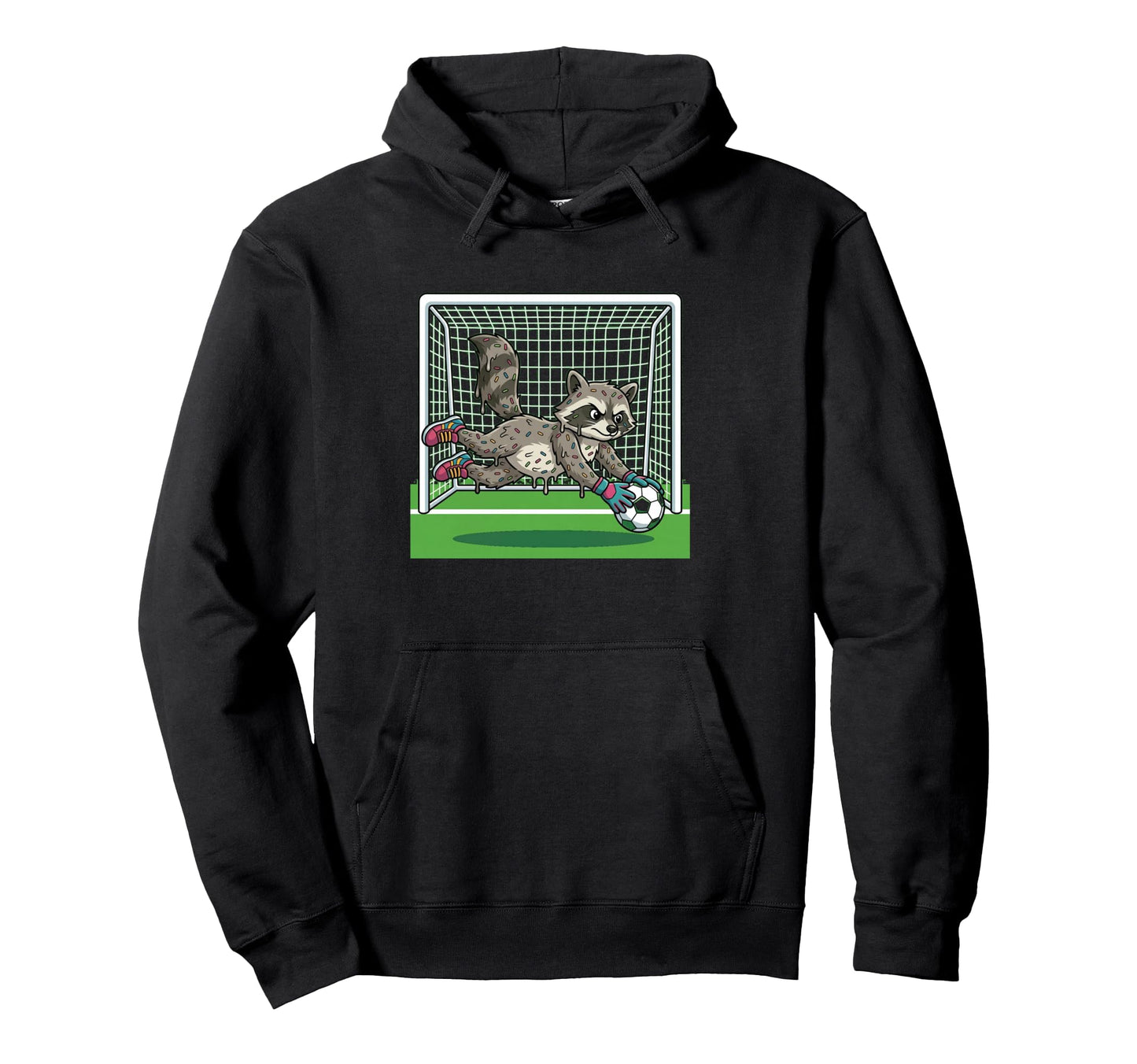 Funny Raccoon Soccer Goalie Donut Hoodie - Fun Novelty Design Unisex - T-Shirt, Sweatshirt, Hoodie