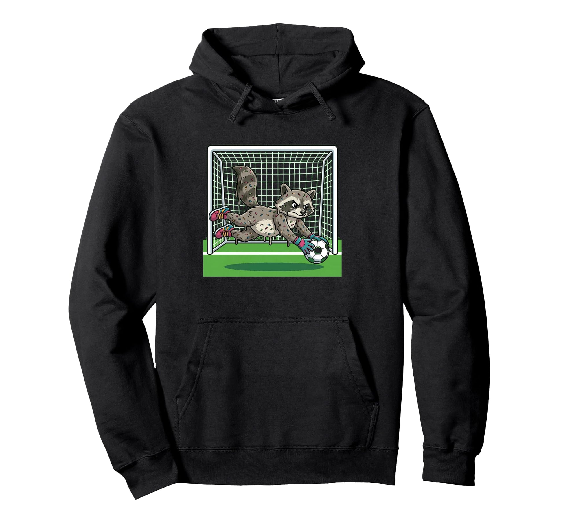 Funny Raccoon Soccer Goalie Donut Hoodie - Fun Novelty Design Unisex - T-Shirt, Sweatshirt, Hoodie