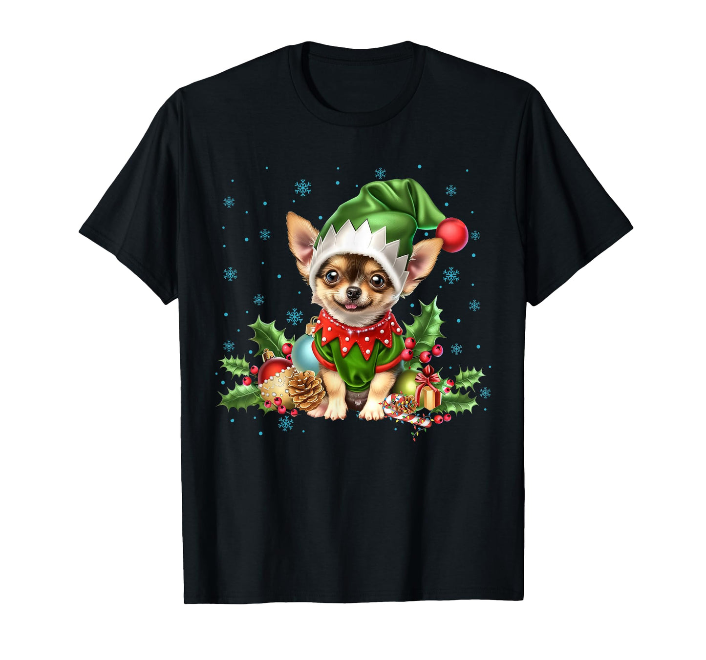 Chihuahua Dog Lights Santa Hat Funny T-Shirt - Custom Art Print Unisex - T-Shirt, Sweatshirt, Hoodie