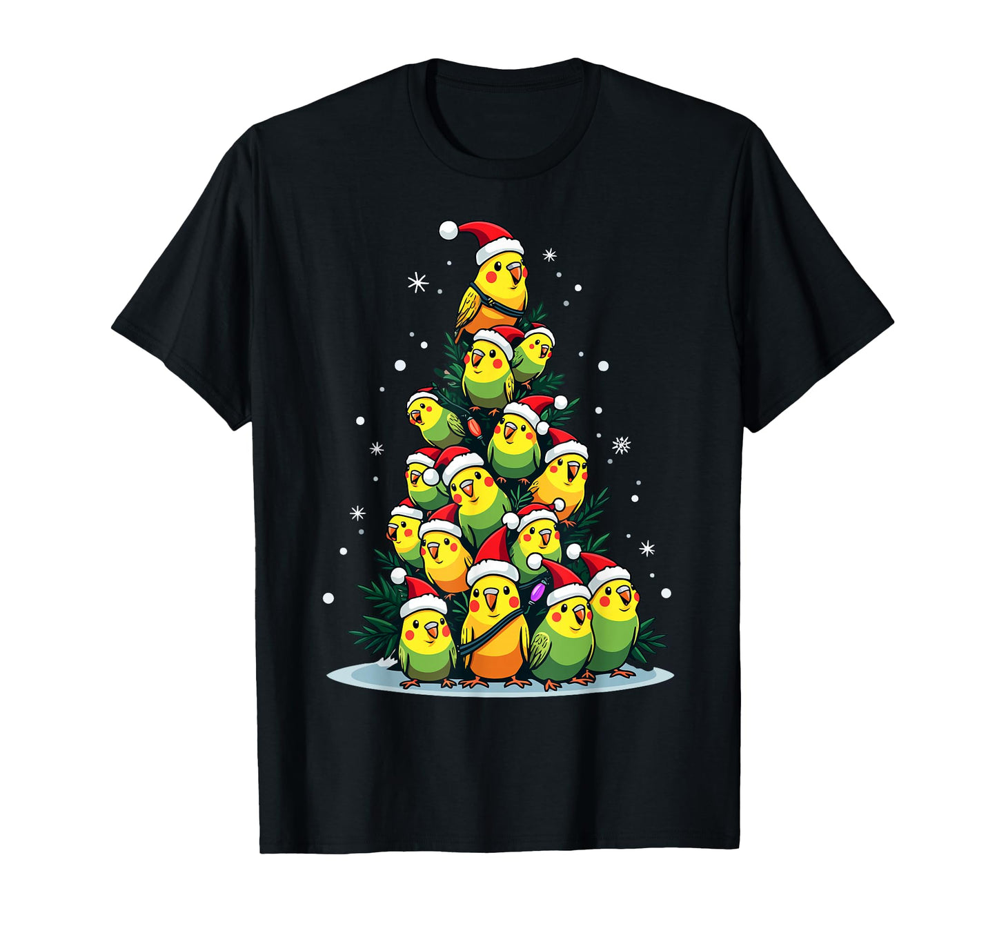 Shell Parakeet Tree Lights Santa Hats Hoodie - Unique Graphic for Adults - T-Shirt, Sweatshirt, Hoodie