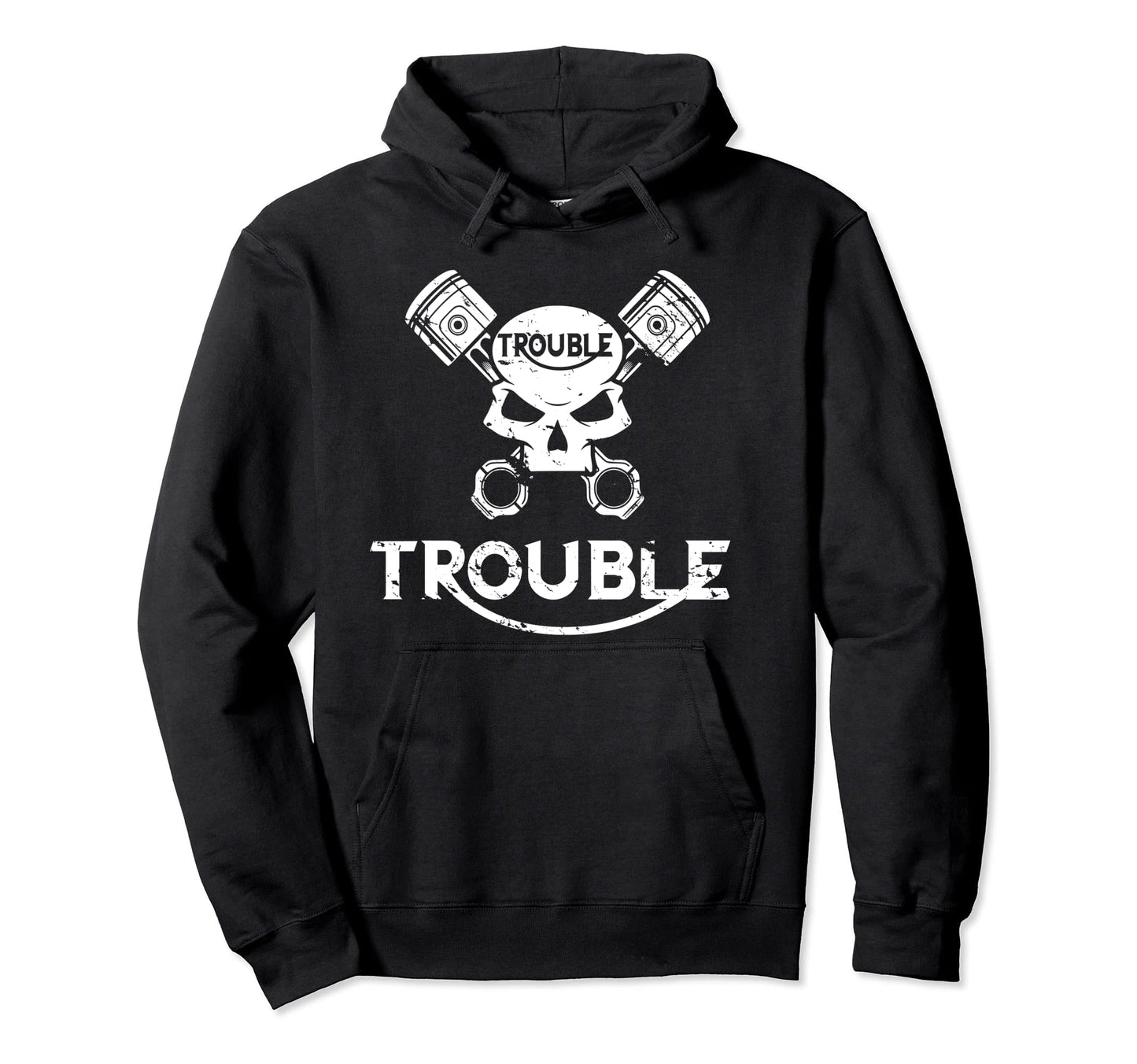 Motorcycle Skull And Pistons Trouble Hoodie - Minimalist Print for Adults - T-Shirt, Sweatshirt, Hoodie