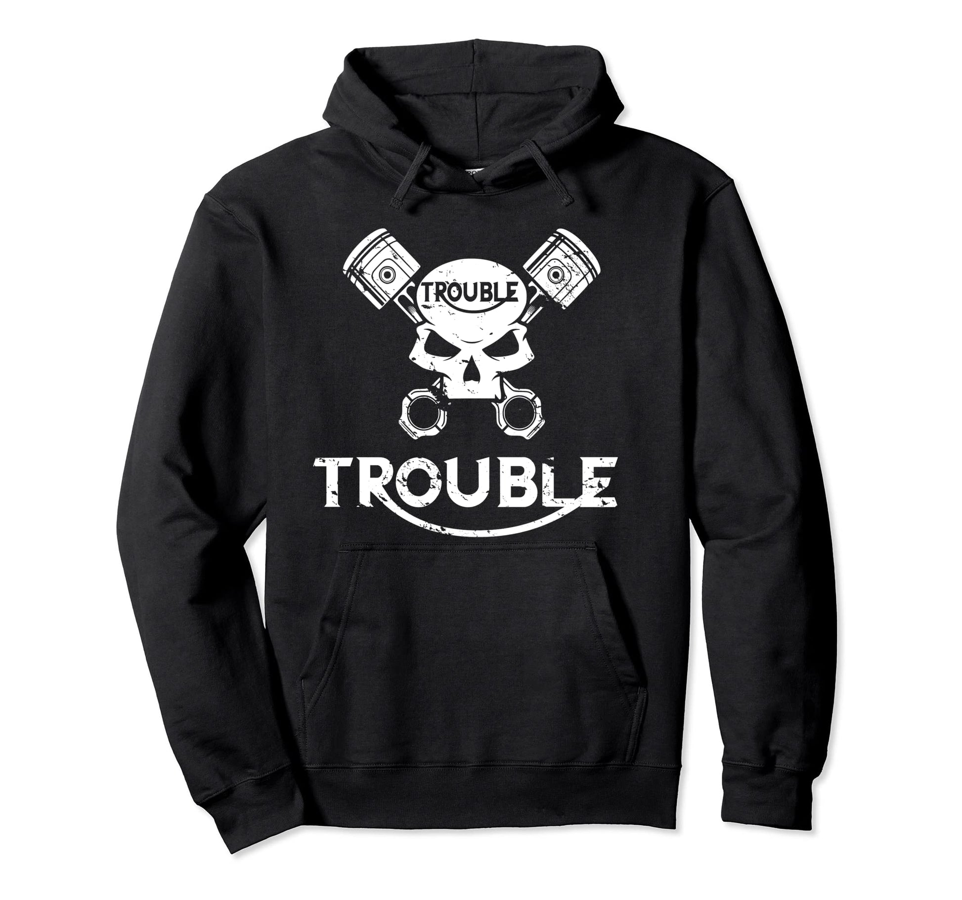 Motorcycle Skull And Pistons Trouble Hoodie - Minimalist Print for Adults - T-Shirt, Sweatshirt, Hoodie