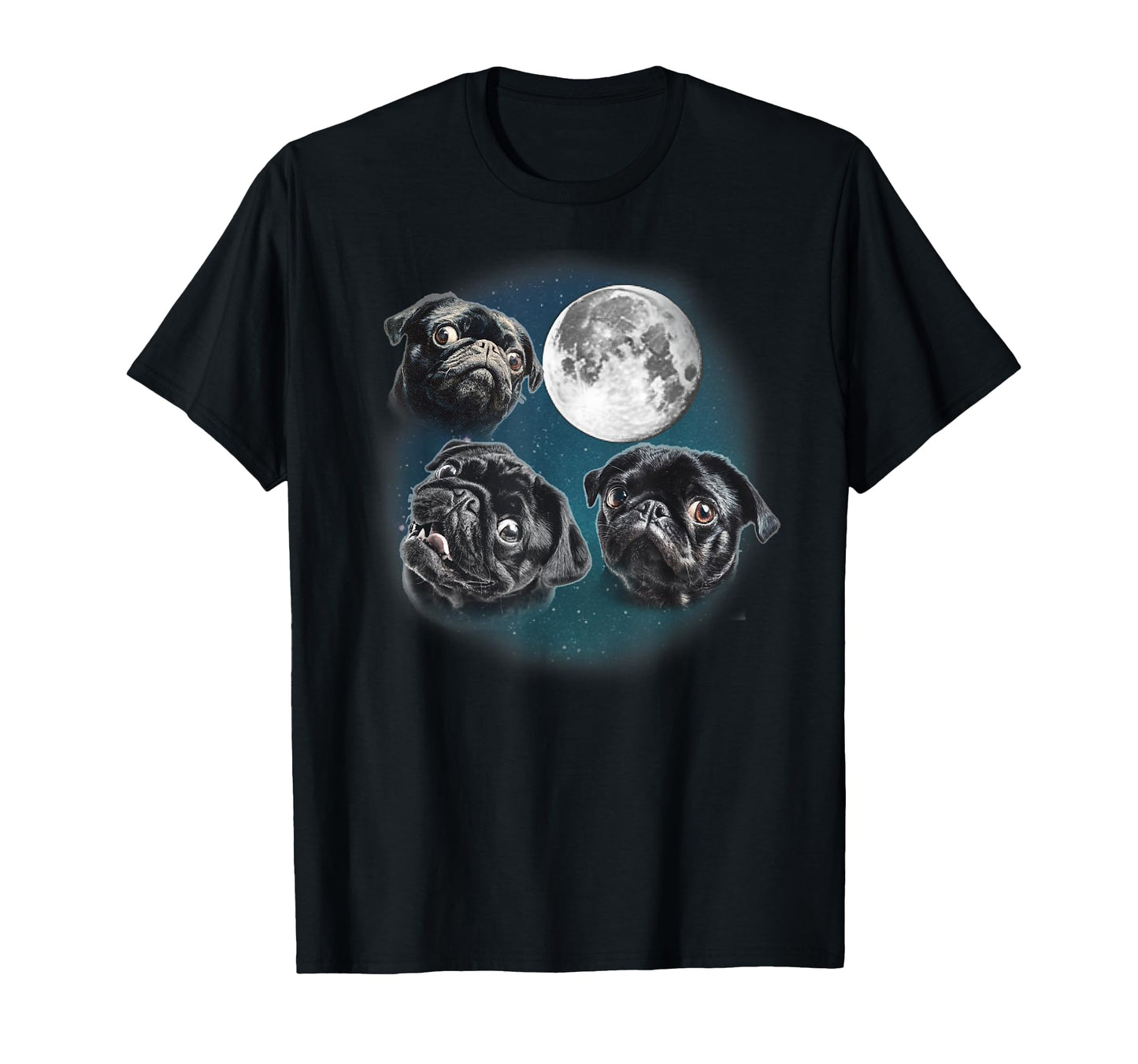 Funny Three 3 Moon Howling Black Pug Dog T-Shirt - Graphic Print Unisex - T-Shirt, Sweatshirt, Hoodie