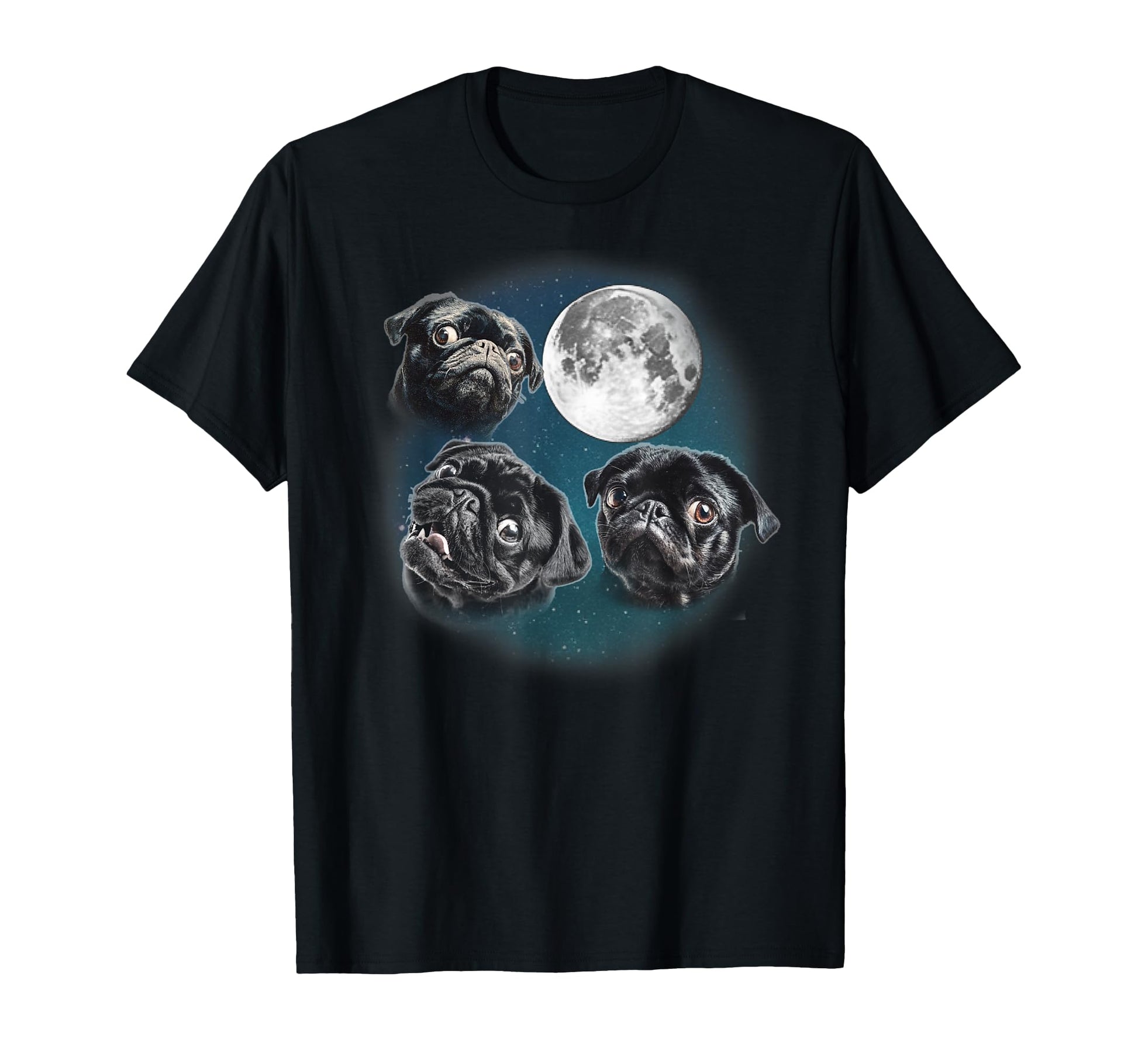 Funny Three 3 Moon Howling Black Pug Dog T-Shirt - Graphic Print Unisex - T-Shirt, Sweatshirt, Hoodie