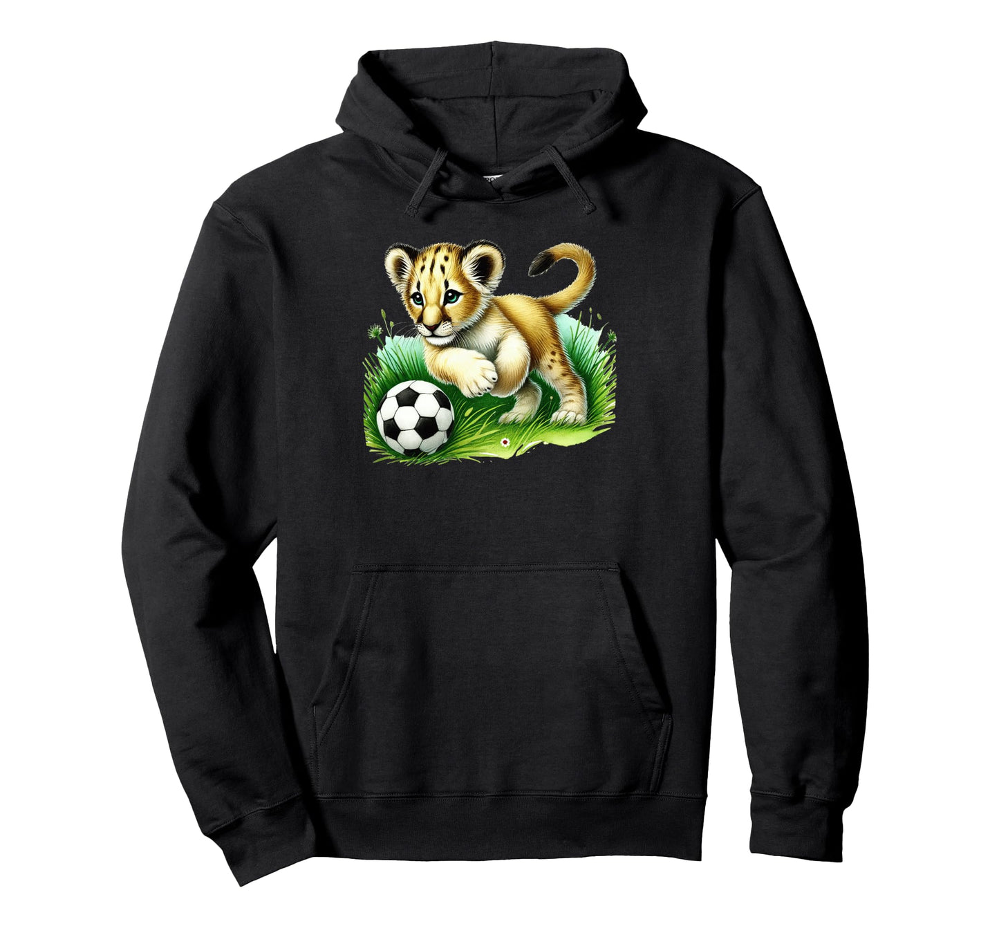 Adorable Lion Cub Kicking Soccer Ball Hoodie - Unique Graphic Unisex - T-Shirt, Sweatshirt, Hoodie