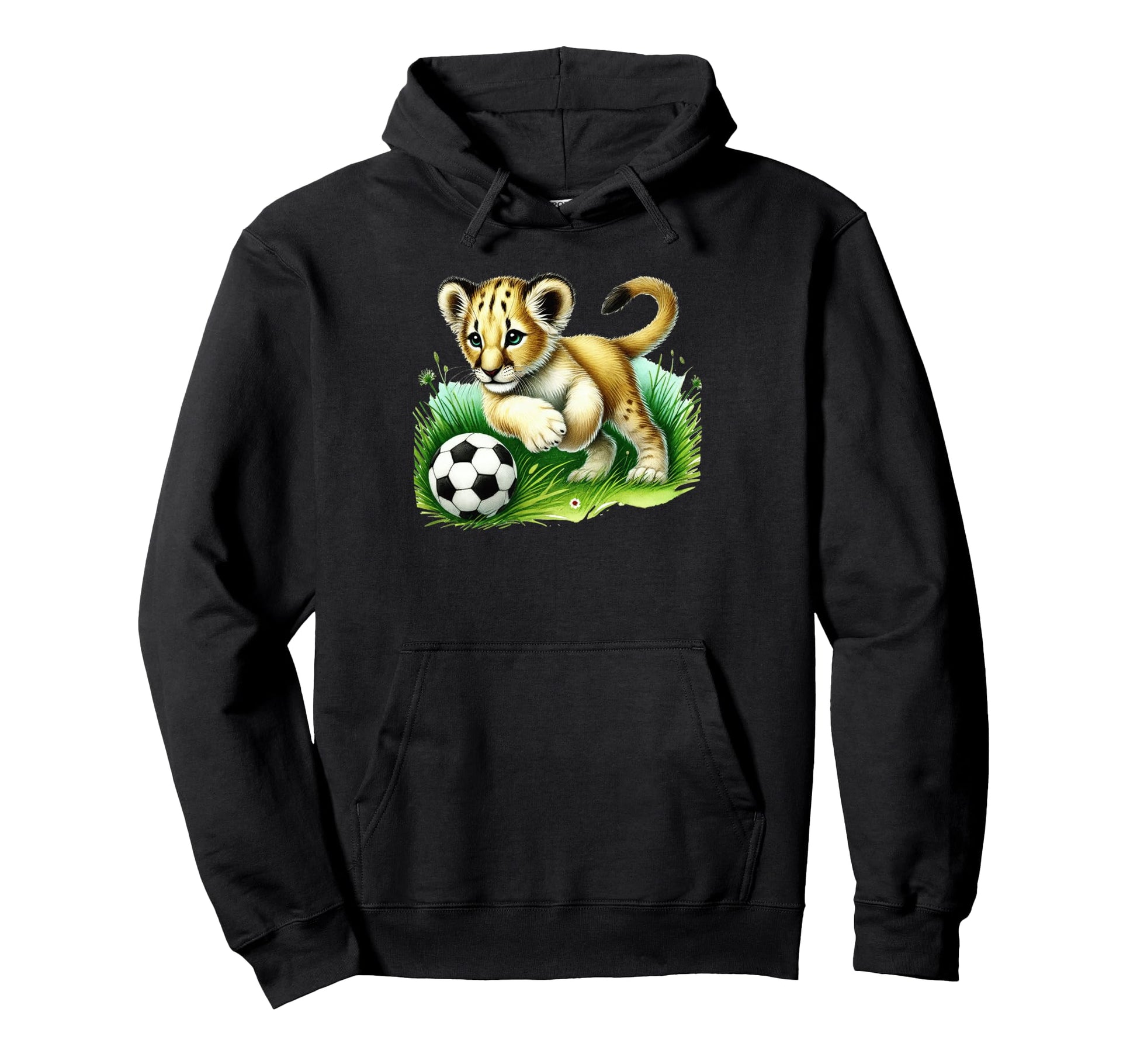 Adorable Lion Cub Kicking Soccer Ball Hoodie - Unique Graphic Unisex - T-Shirt, Sweatshirt, Hoodie
