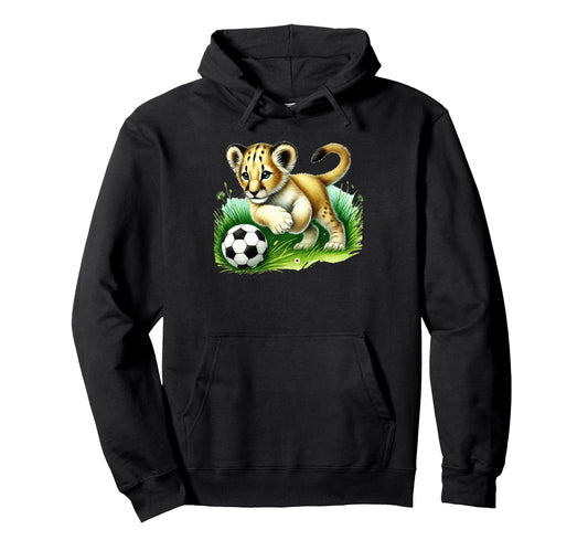 Adorable Lion Cub Kicking Soccer Ball Hoodie - Unique Graphic Unisex - T-Shirt, Sweatshirt, Hoodie