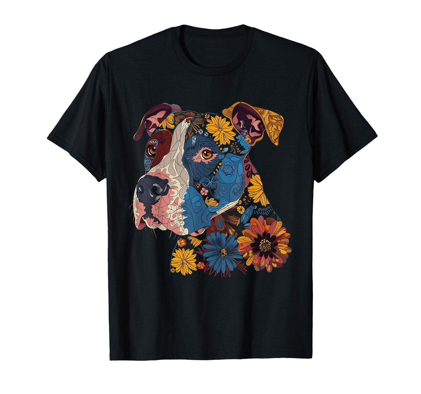 Pitbull Floral Dog Lover Flower Art T-Shirt - Custom Art Print for Adults - T-Shirt, Sweatshirt, Hoodie