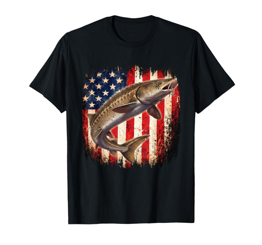 American Flag Sturgeon Fish Fishing T-Shirt - Custom Art Print Unisex - T-Shirt, Sweatshirt, Hoodie