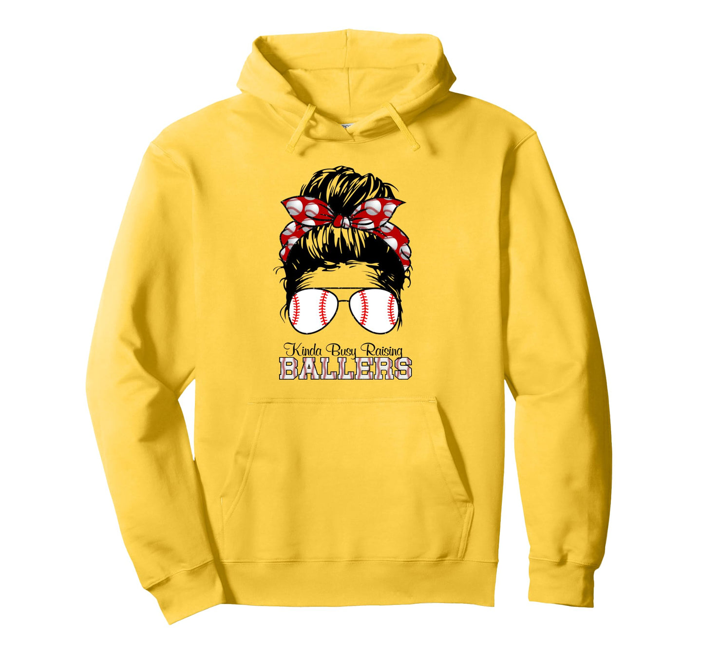 Kinda Busy Raising Ballers Messy Bun Hoodie - Novelty Apparel for Adults - T-Shirt, Sweatshirt, Hoodie