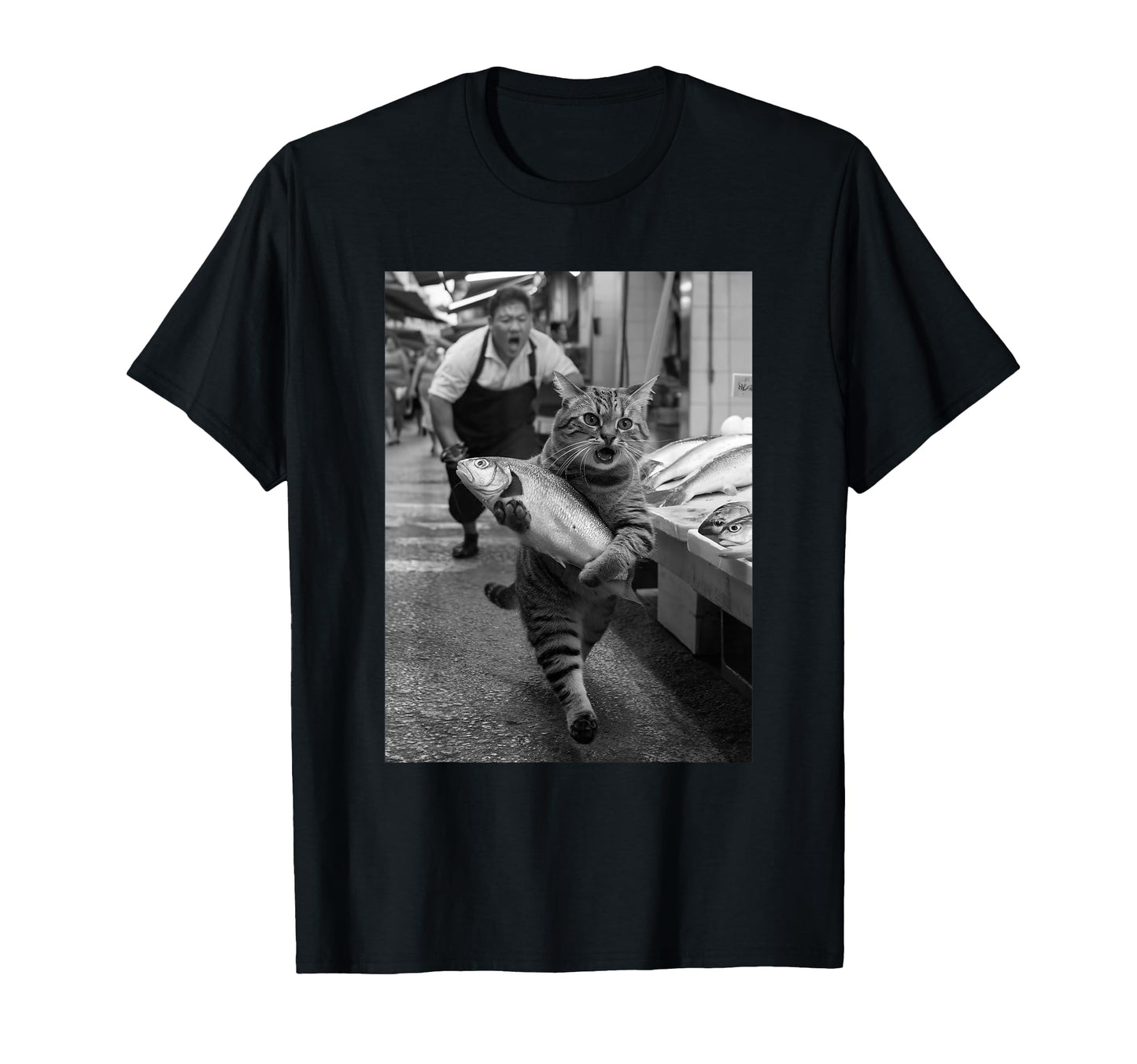 Cat Steals Fish Market Funny Black T-Shirt - Aesthetic Graphic for Adults - T-Shirt, Sweatshirt, Hoodie