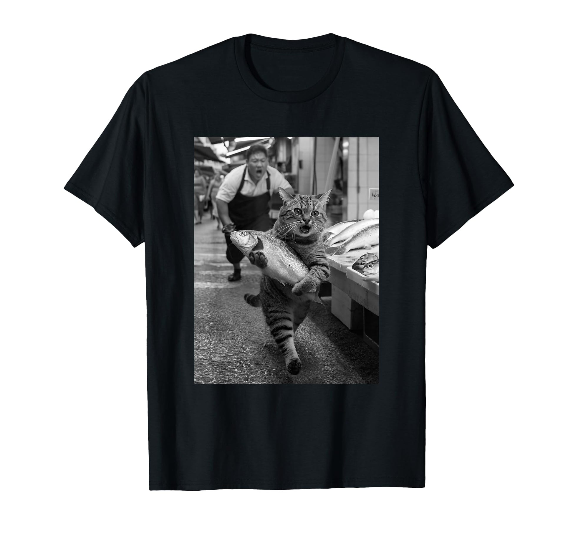 Cat Steals Fish Market Funny Black T-Shirt - Aesthetic Graphic for Adults - T-Shirt, Sweatshirt, Hoodie