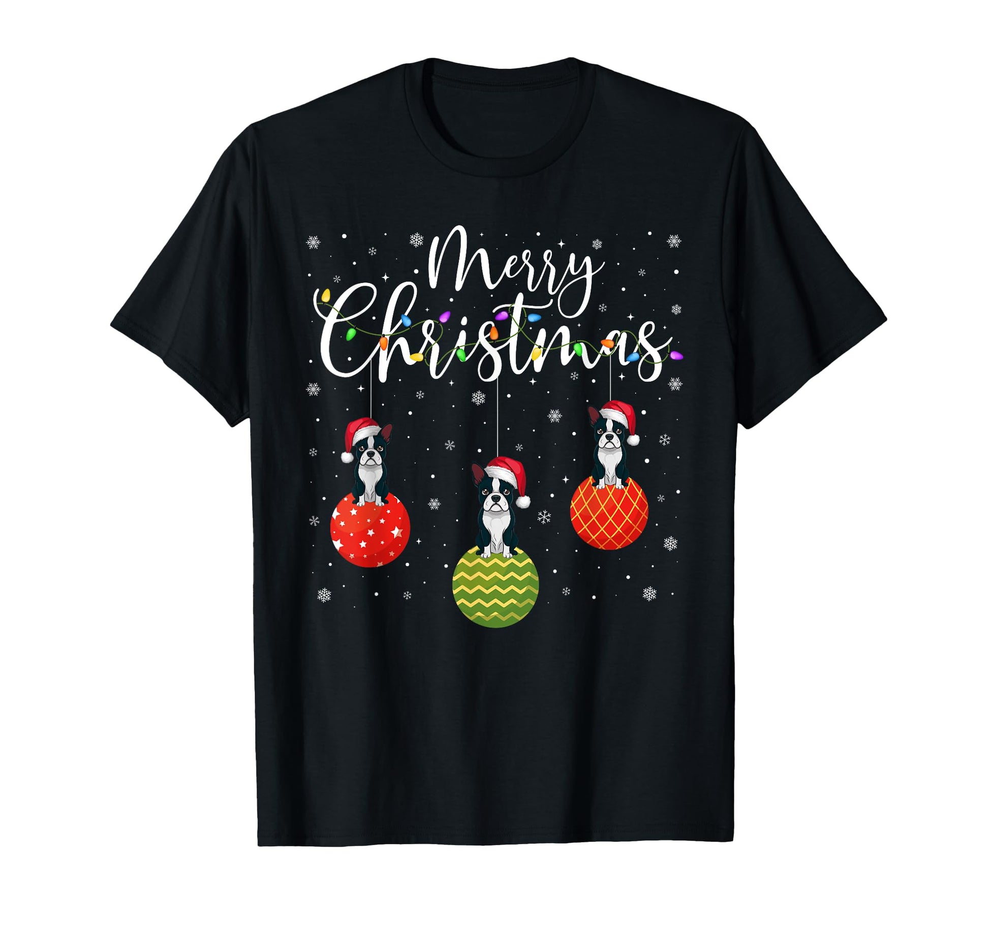 Merry Lights Santa Hat Boston Terrier T-Shirt - Trendy Graphic for Adults - T-Shirt, Sweatshirt, Hoodie