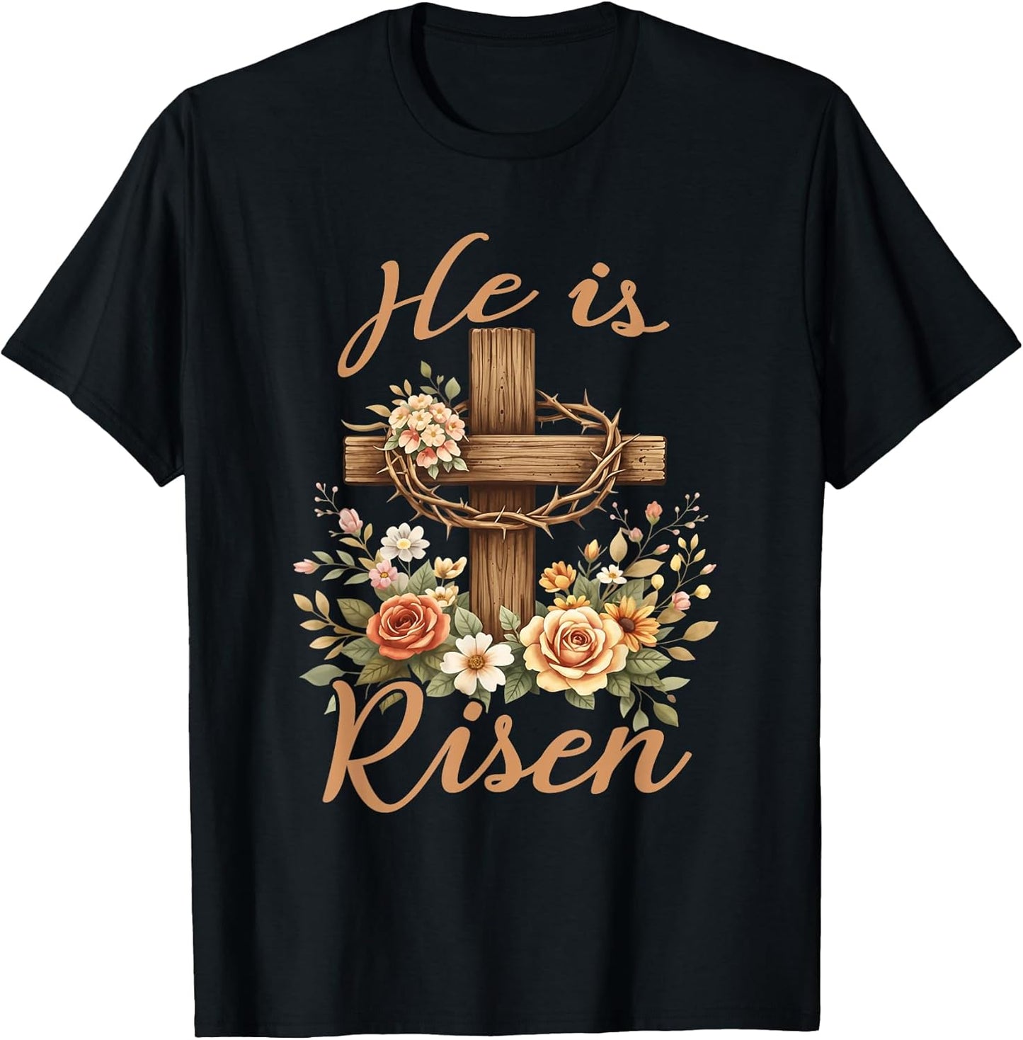 Happy Easter He is Risen Floral Cross Christian Unisex T-shirt, Sweatshirt, Hoodie, Long Sleeve Tee - T-Shirt, Sweatshirt, Hoodie