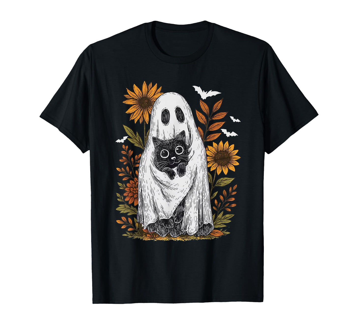Funny Ghost Holding Black Cat Halloween T-Shirt - Graphic Print Men Women - T-Shirt, Sweatshirt, Hoodie