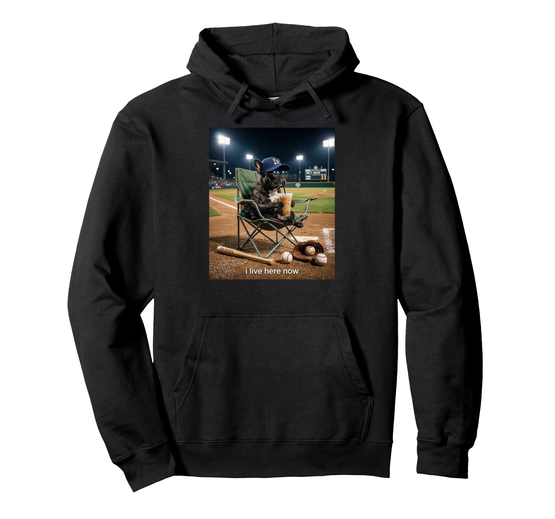 Funny Pug Dog Iced Coffee I Live Here Hoodie - Streetwear Style for Adults - T-Shirt, Sweatshirt, Hoodie