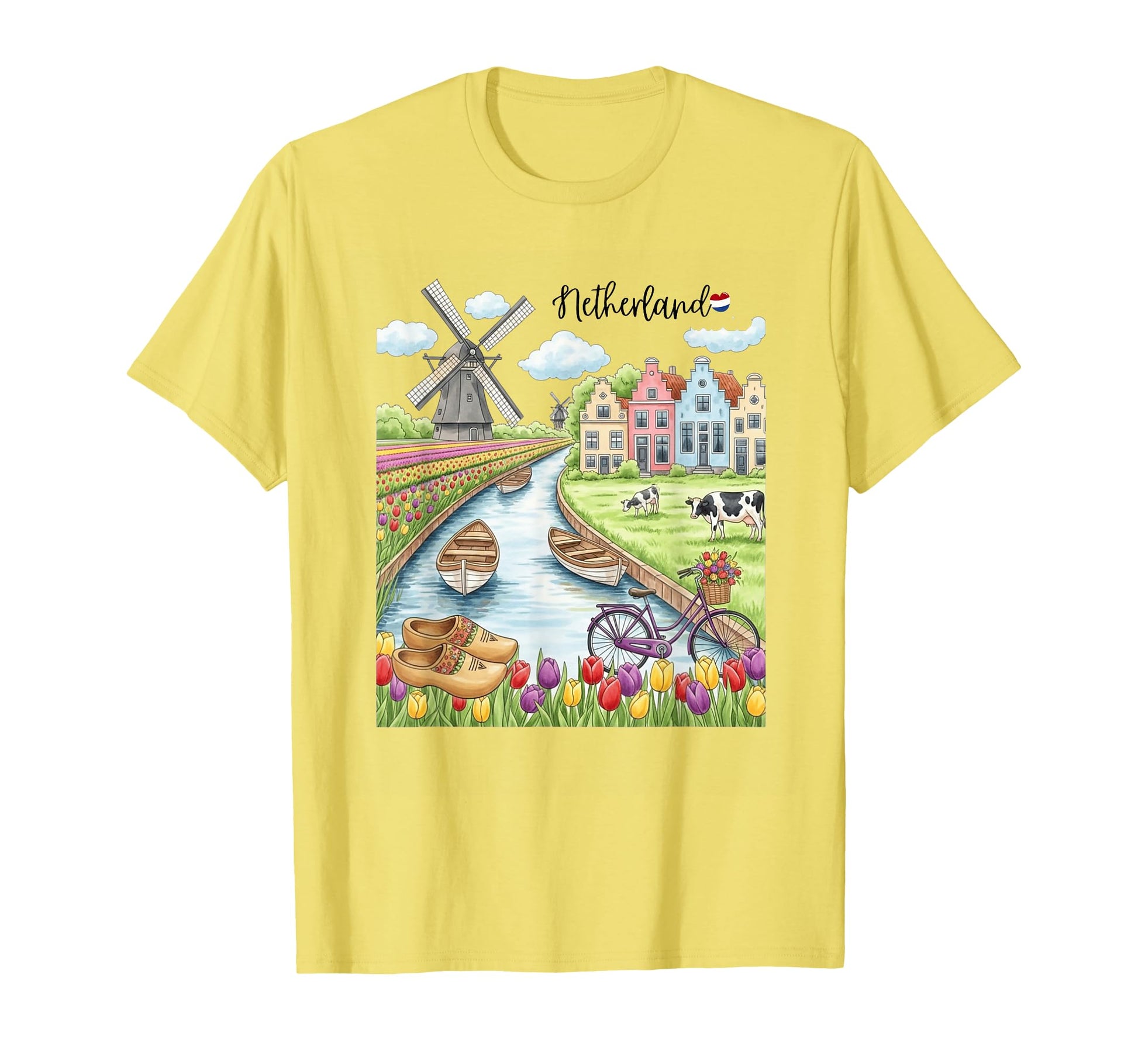 Dutch Windmill Village Tulip Fields Art T-Shirt - Unique Graphic Unisex - T-Shirt, Sweatshirt, Hoodie