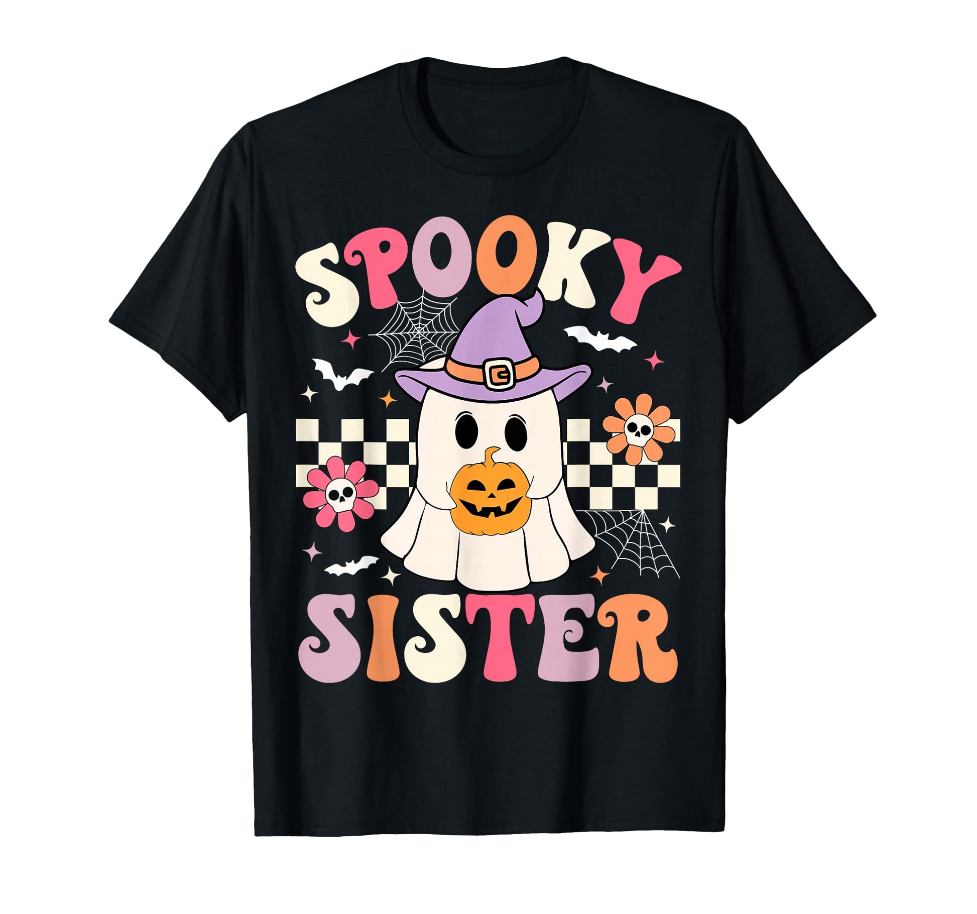Groovy Spooky Sister Ghost Holding Pumpkin T-Shirt - Trendy Graphic Unisex - T-Shirt, Sweatshirt, Hoodie
