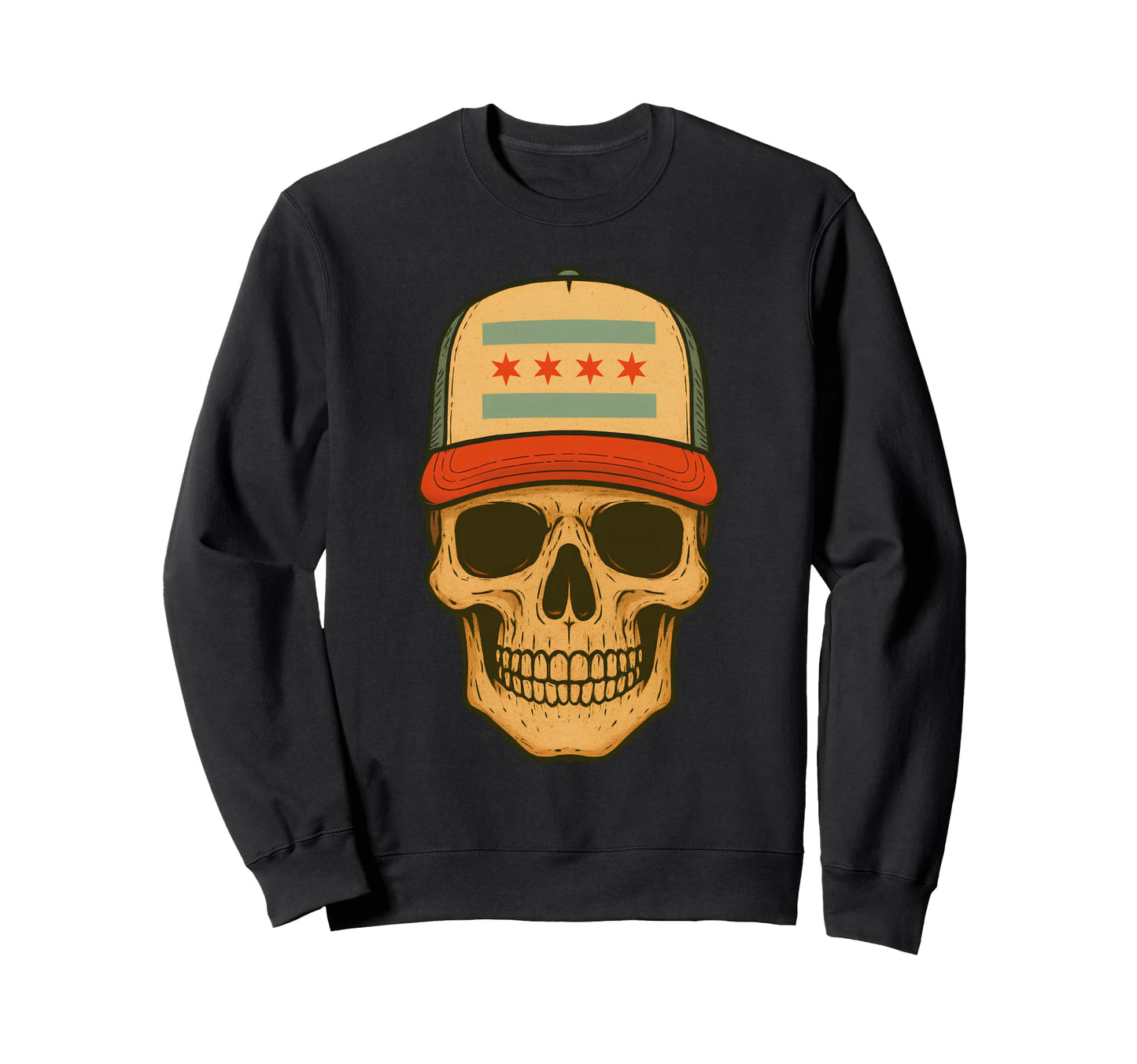 Skull Wearing Chicago Flag Trucker Sweatshirt - Unique Graphic Men Women - T-Shirt, Sweatshirt, Hoodie
