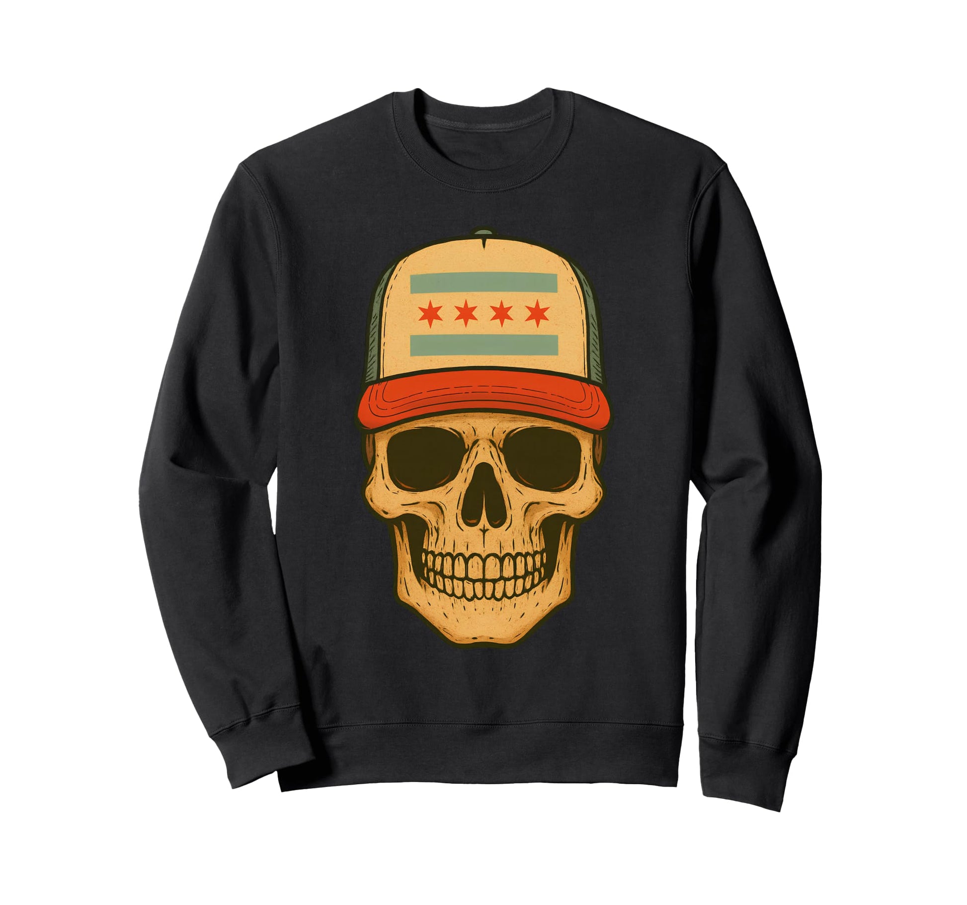 Skull Wearing Chicago Flag Trucker Sweatshirt - Unique Graphic Men Women - T-Shirt, Sweatshirt, Hoodie