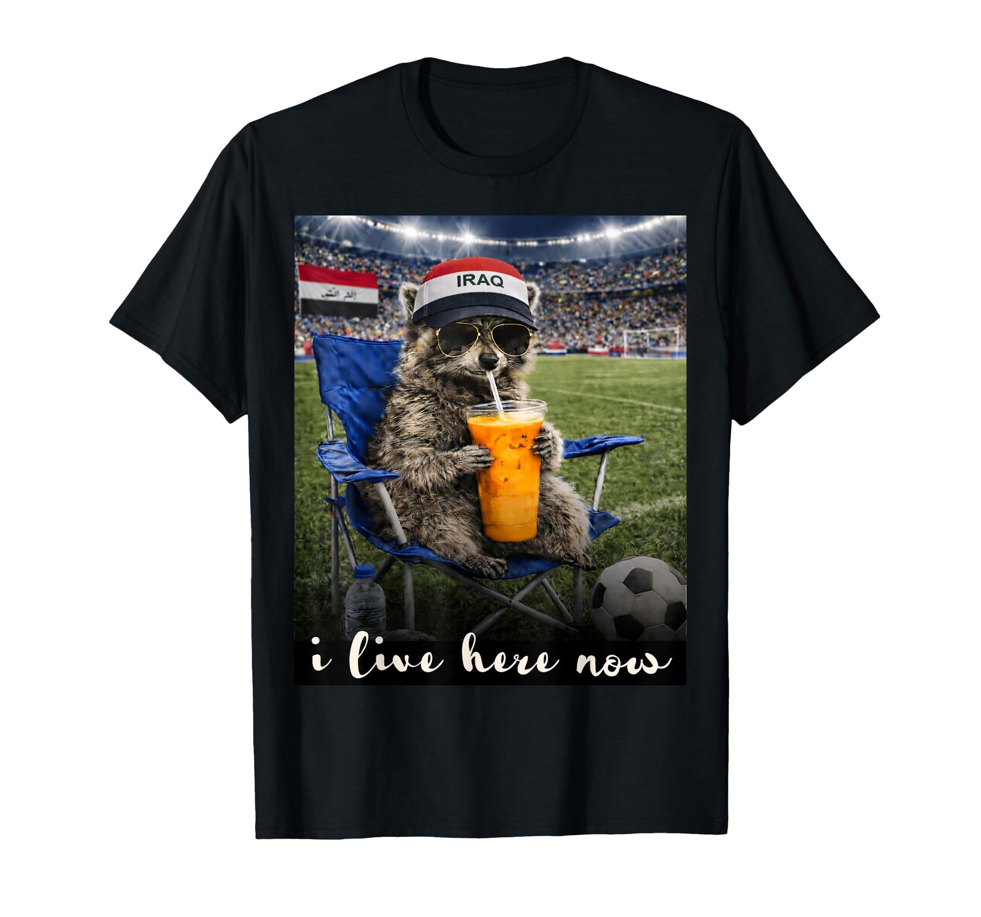 Funny Raccoon Iraq Soccer Fan Futbol T-Shirt - Novelty Apparel for Adults - T-Shirt, Sweatshirt, Hoodie