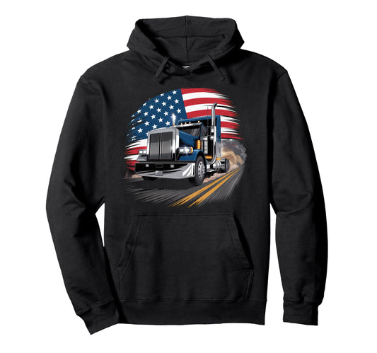American Flag Trucker Dad Big Rig Trailer Hoodie - Novelty Apparel Unisex - T-Shirt, Sweatshirt, Hoodie