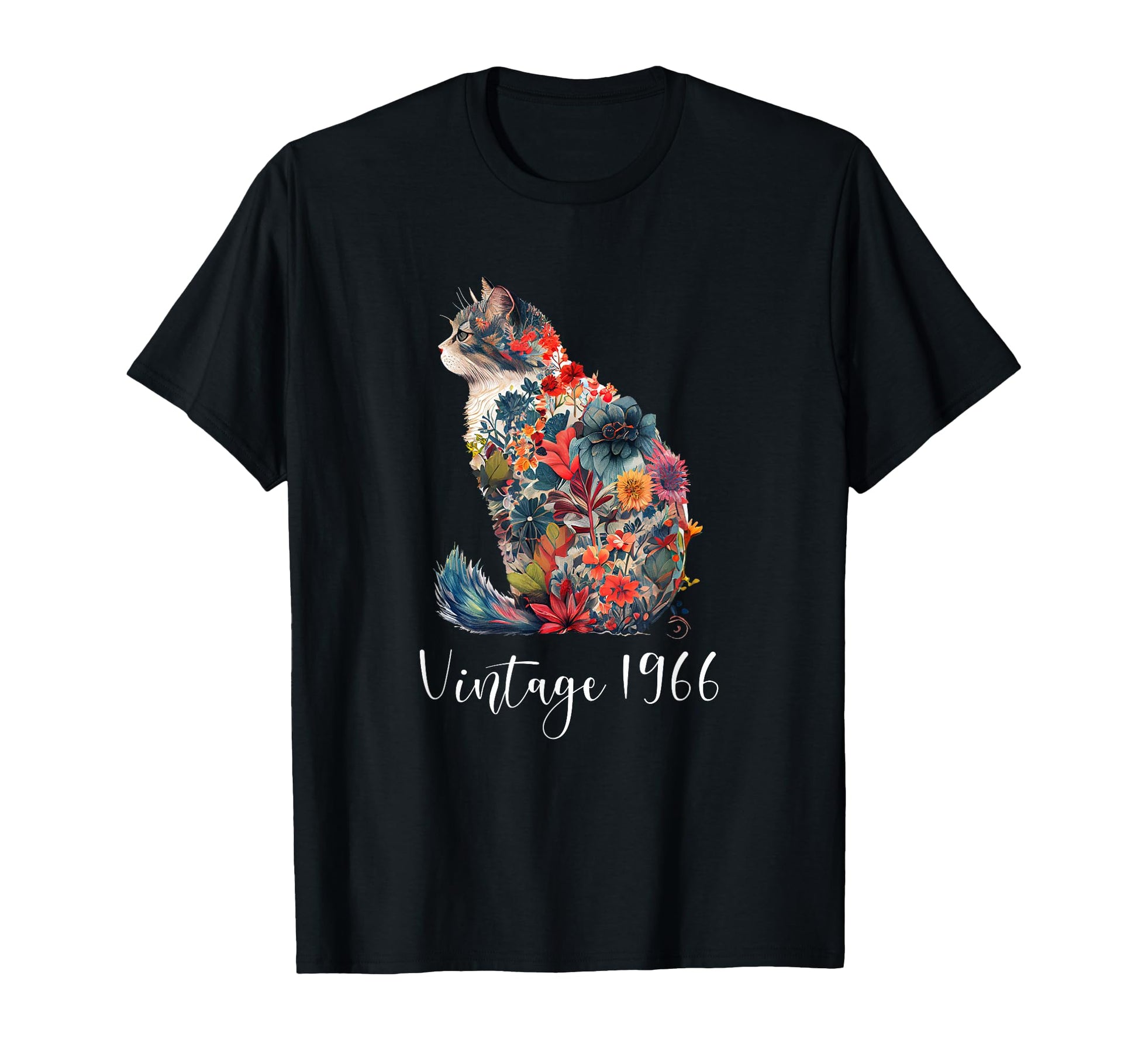 1966 Floral Flower Cat Lover Happy 60Th T-Shirt - Unique Graphic Unisex - T-Shirt, Sweatshirt, Hoodie