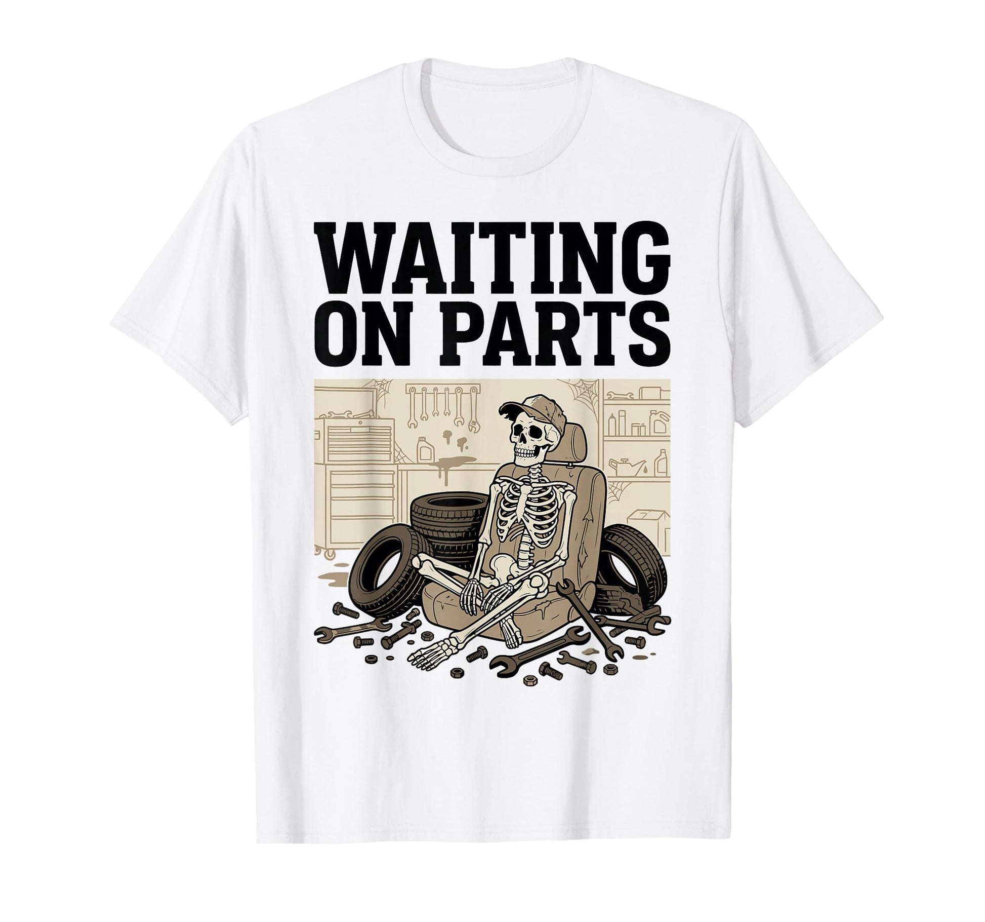 Funny Waiting Parts Skeleton Auto T-Shirt - Aesthetic Graphic for Adults - T-Shirt, Sweatshirt, Hoodie