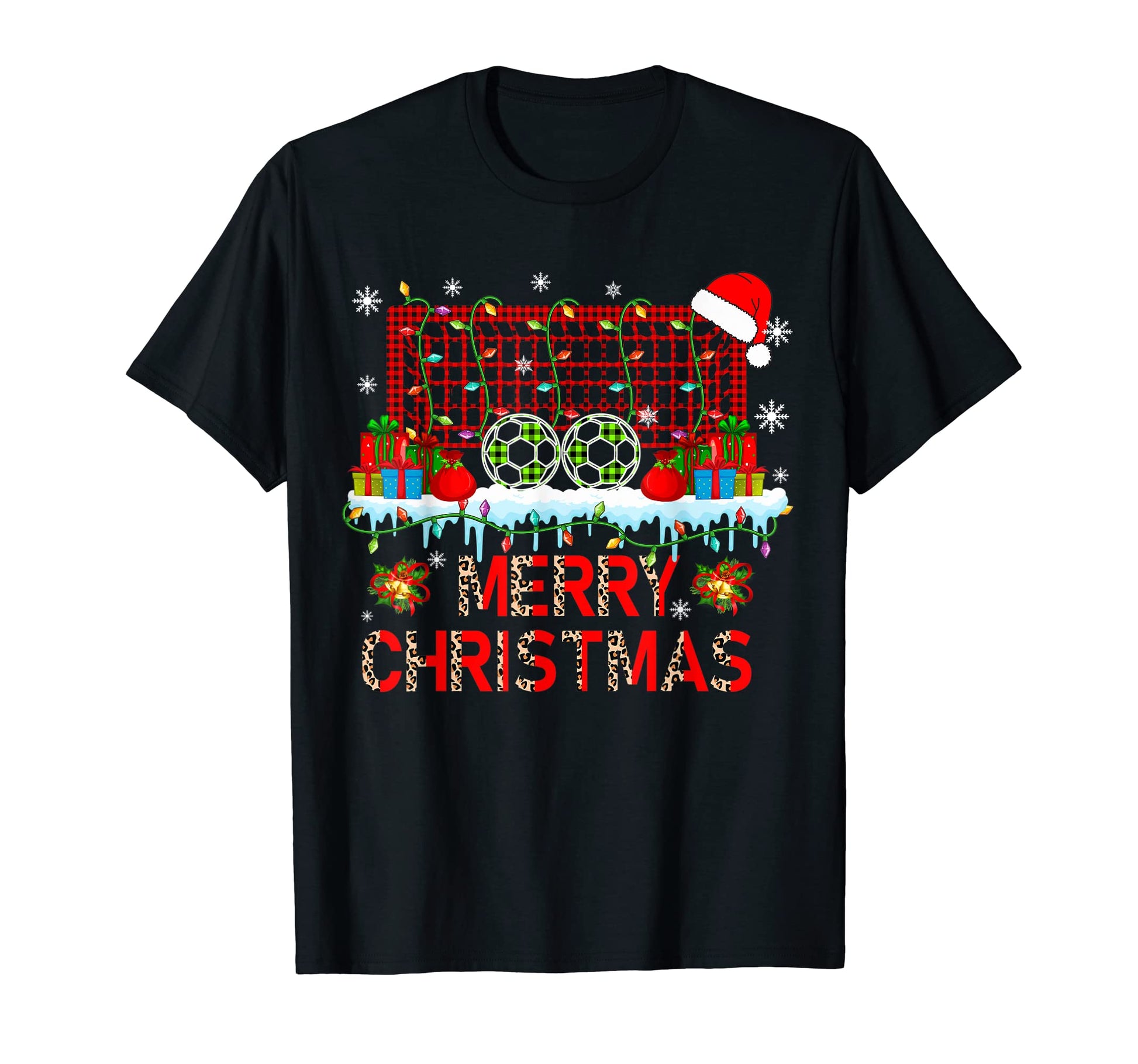 Leopard Red Plaid Santa Soccer T-Shirt - Custom Art Print for Adults - T-Shirt, Sweatshirt, Hoodie
