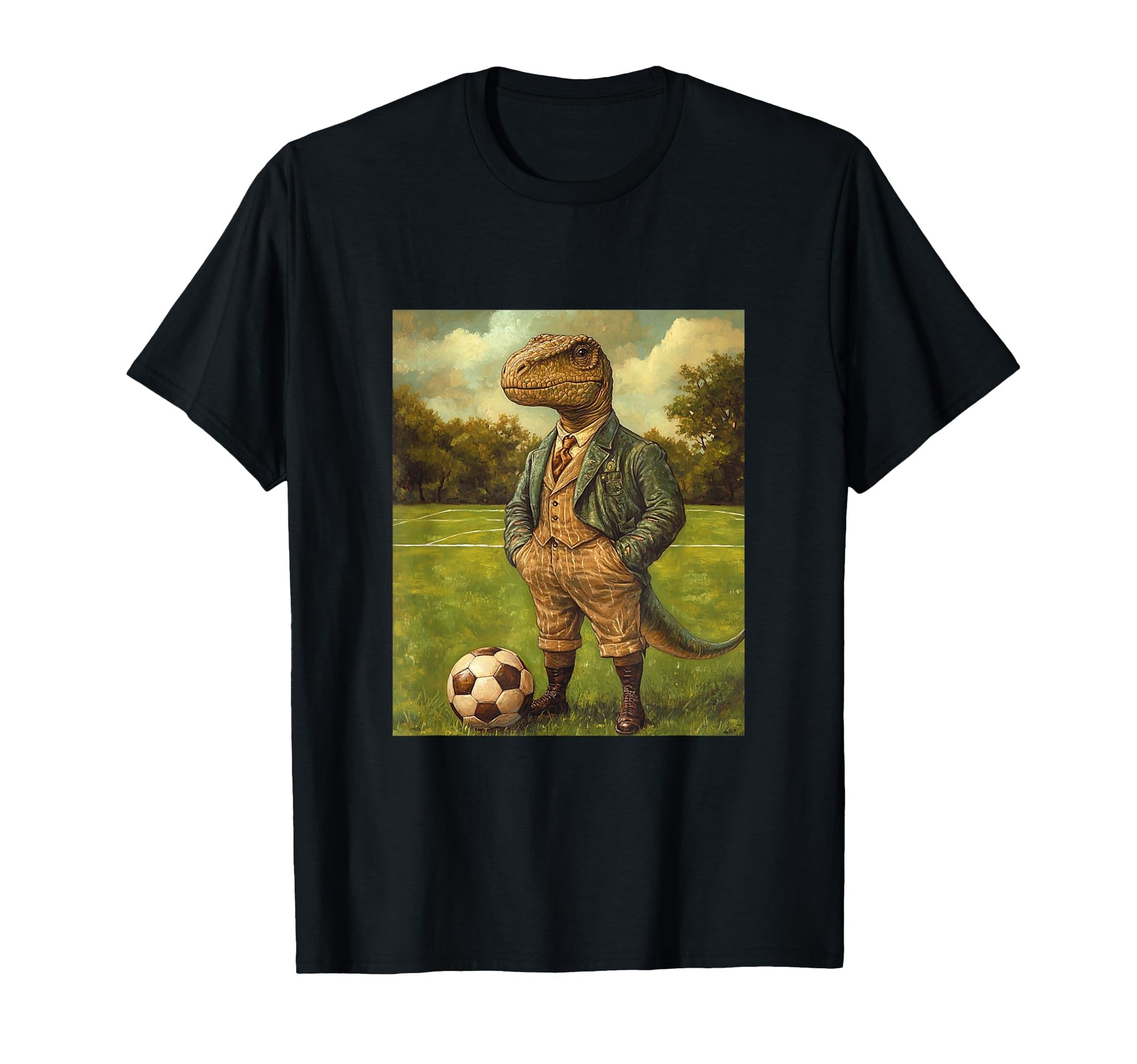 Funny T Rex Dinosaur Playing Soccer T-Shirt - Casual Everyday Wear Unisex - T-Shirt, Sweatshirt, Hoodie