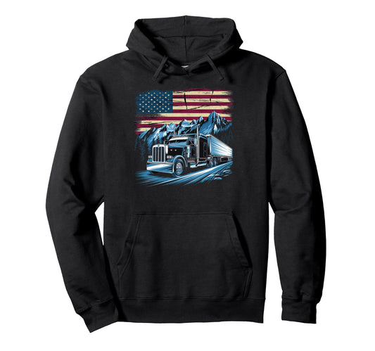American Flag Trucker Dad Big Rig Hoodie - Aesthetic Graphic for Adults - T-Shirt, Sweatshirt, Hoodie